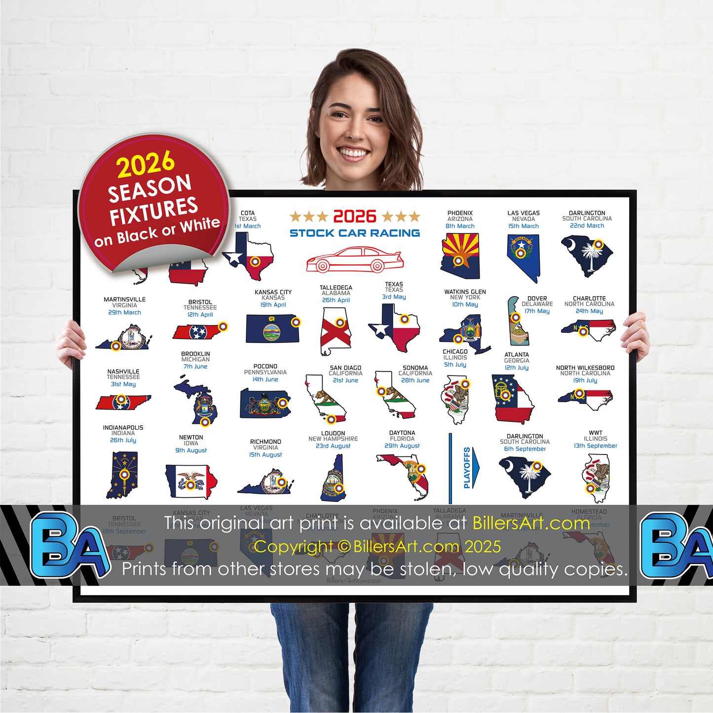 NASCAR 2026 Detailed Season Fixtures Landscape Wall Calendar with US States and State Flags print