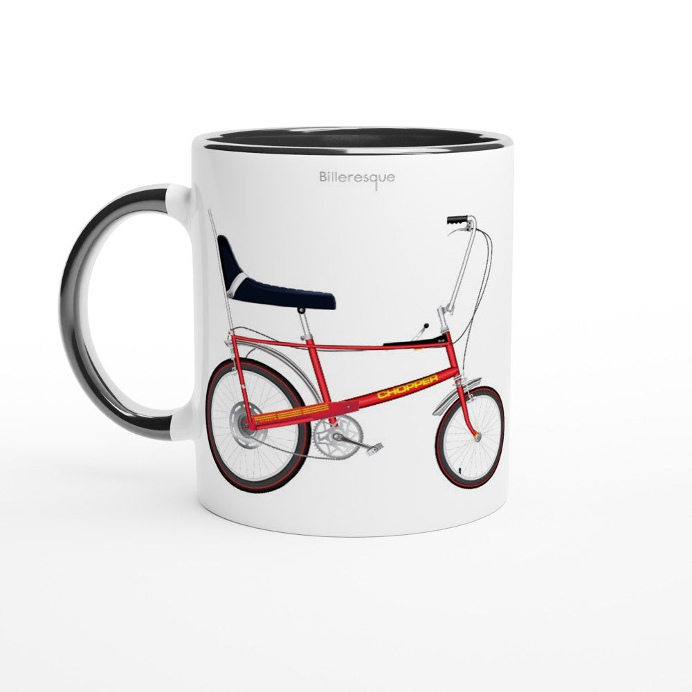 Retro Raleigh Chopper bicycle on a colourful mug. 70s nostalgia bike.