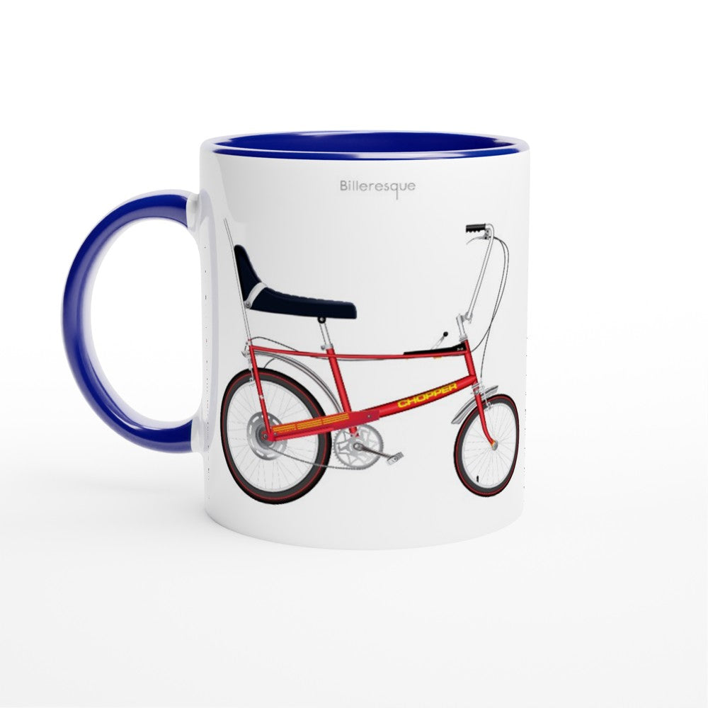 Retro Raleigh Chopper bicycle on a colourful mug. 70s nostalgia bike.