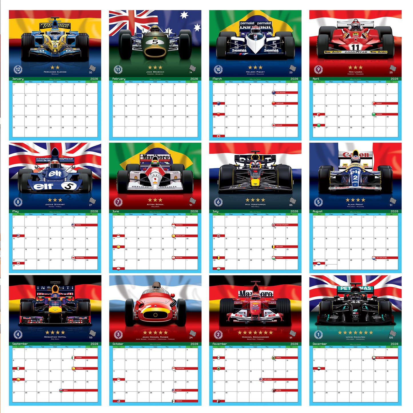 2026 All Time Best Racing Drivers Calendar