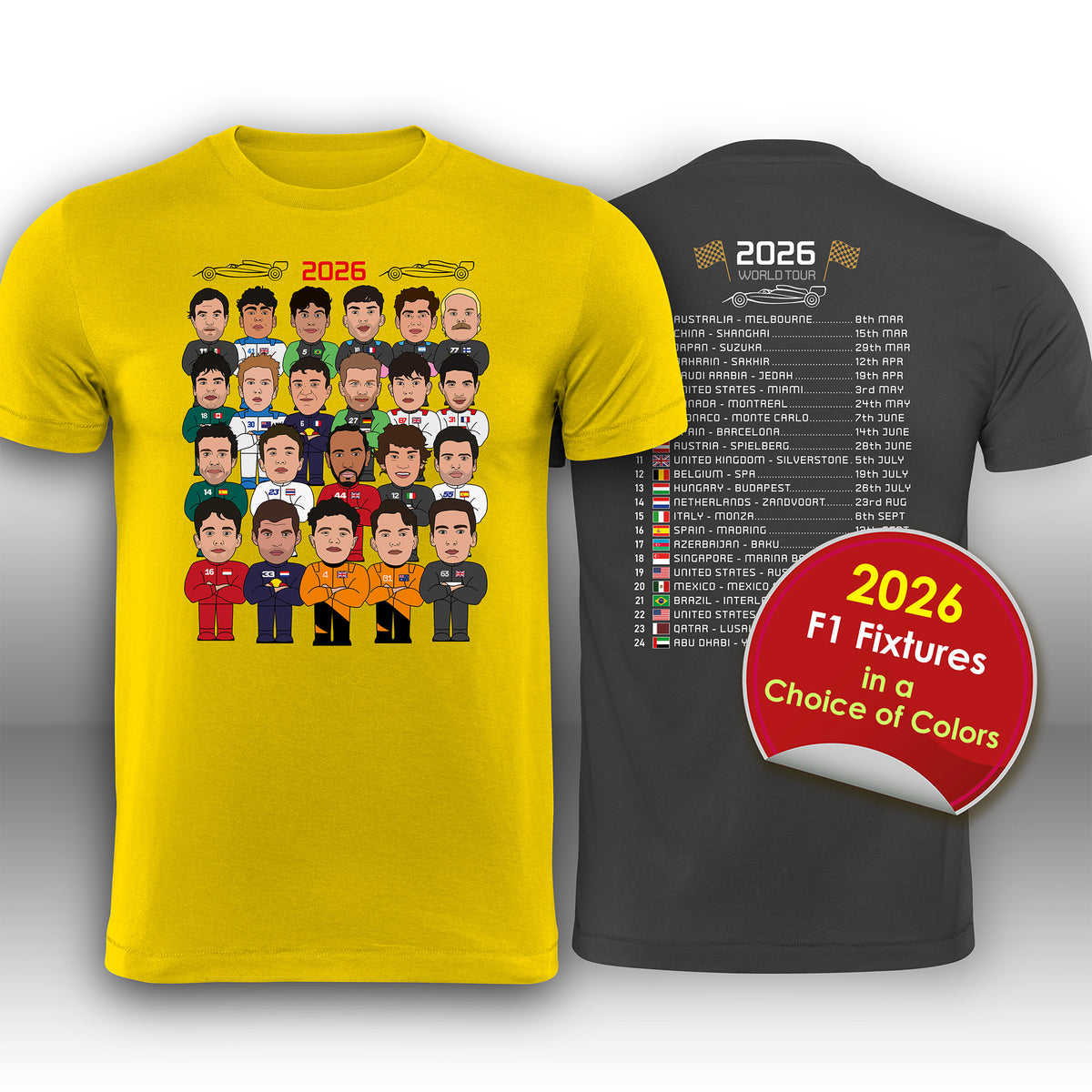 2026 Formula 1 Drivers Cartoon Calendar T-Shirt