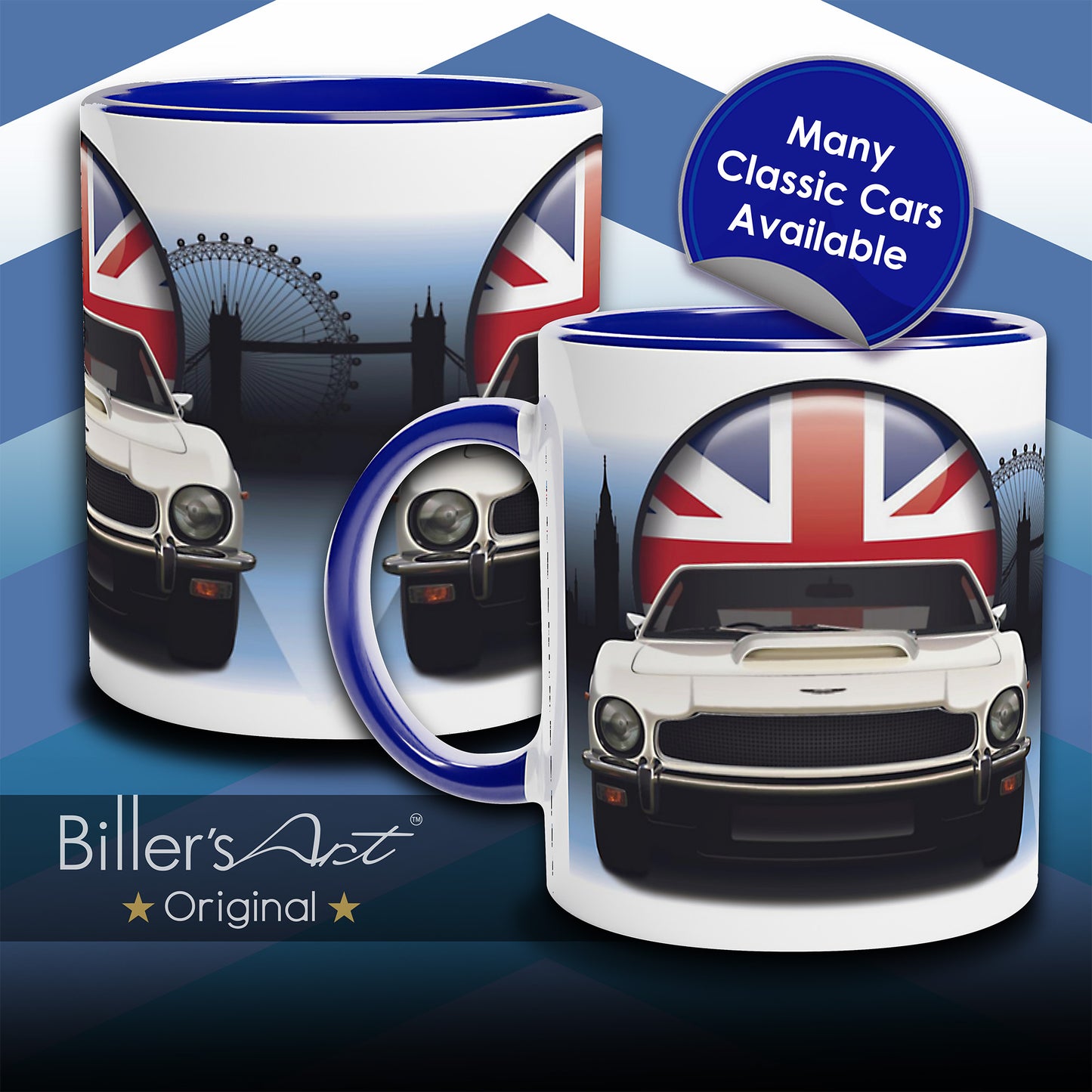 Aston Martin Series III Classic Car High Quality Colourful Illustration Mug on a London Background