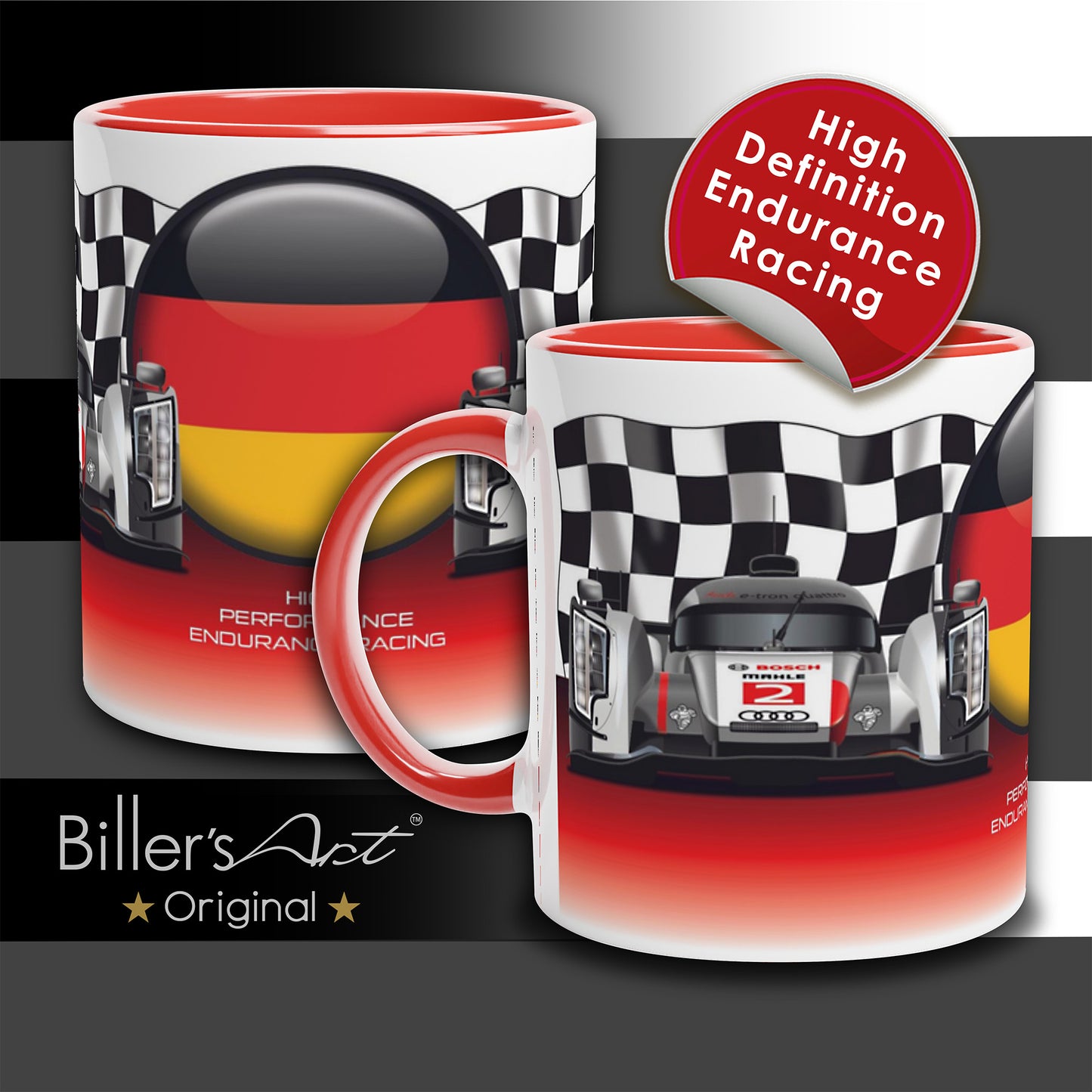 Audi R18 e-tron quattro Mug - Le Mans Racing Car Mug on a Chequered Flag background
