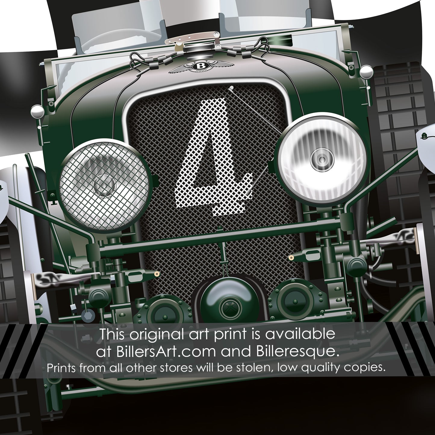 Bentley Speed 6 - Le Mans Racing Car poster on a Chequered Flag background