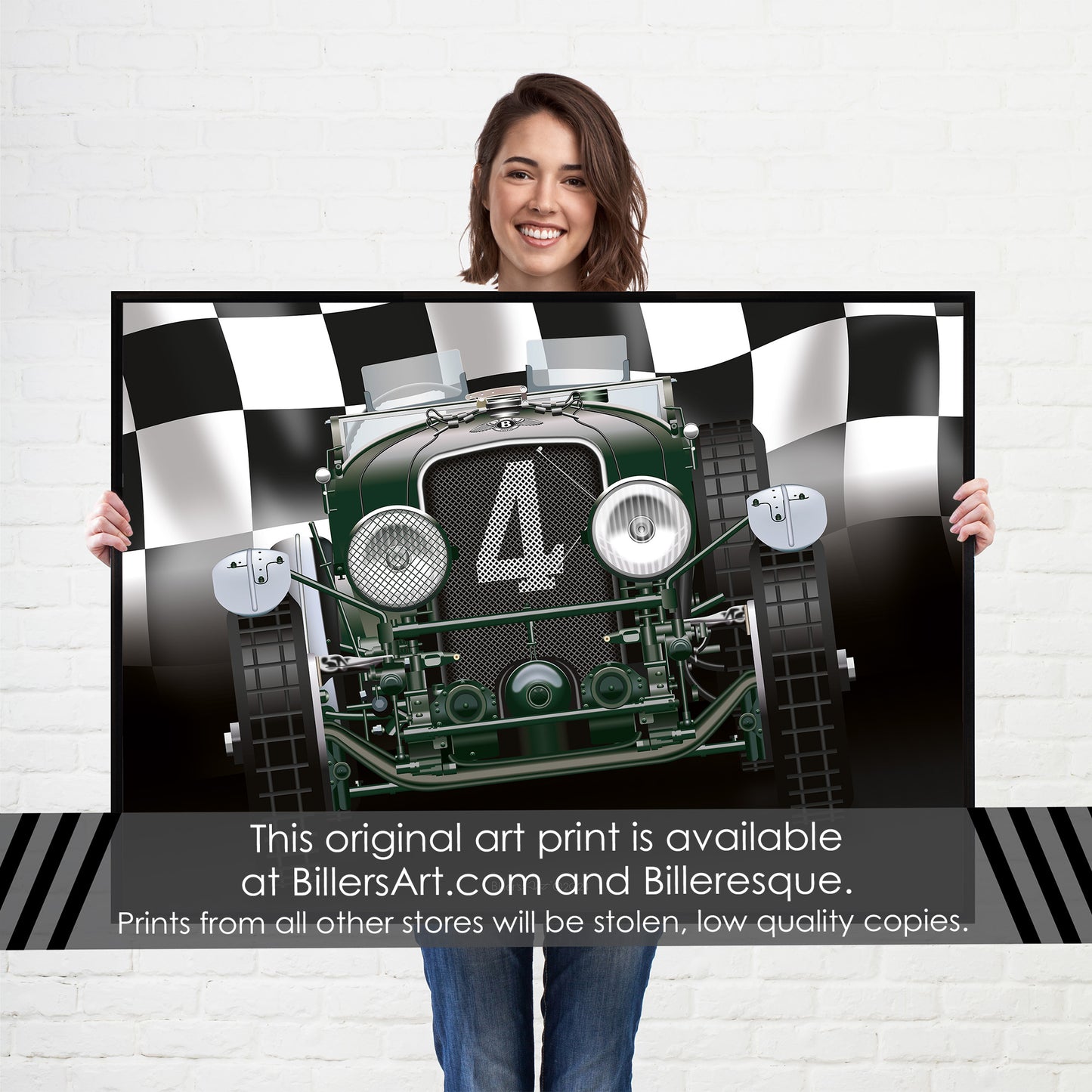 Bentley Speed 6 - Le Mans Racing Car poster on a Chequered Flag background