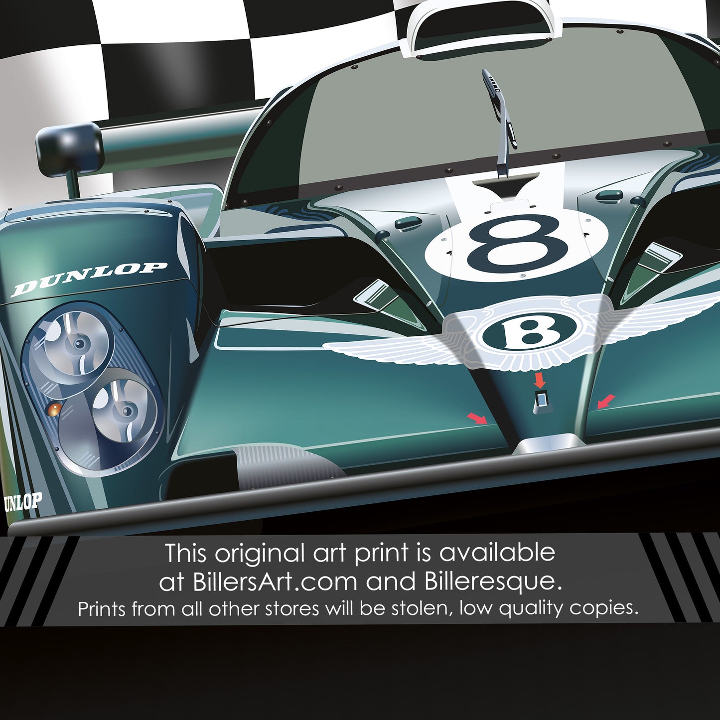 Bentley Speed 8 - Le Mans Racing Car poster on a Chequered Flag background