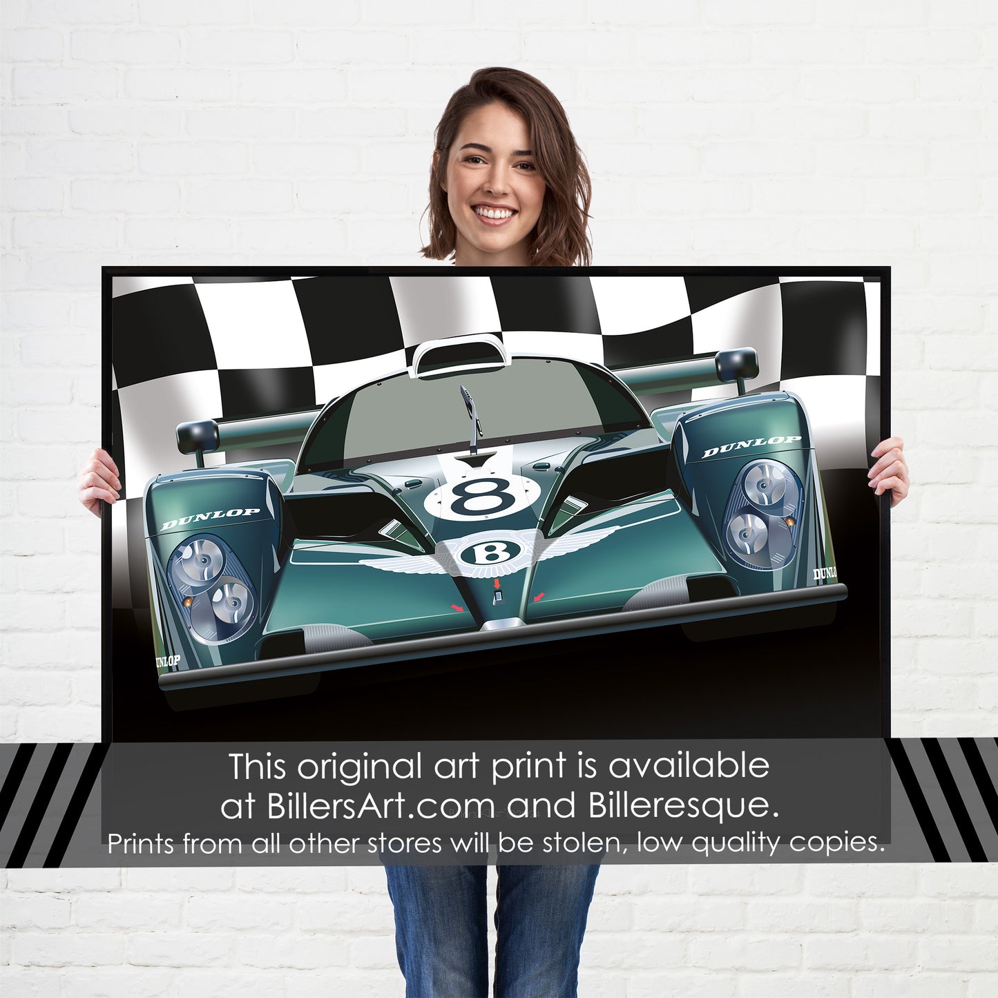 Bentley Speed 8 - Le Mans Racing Car poster on a Chequered Flag background