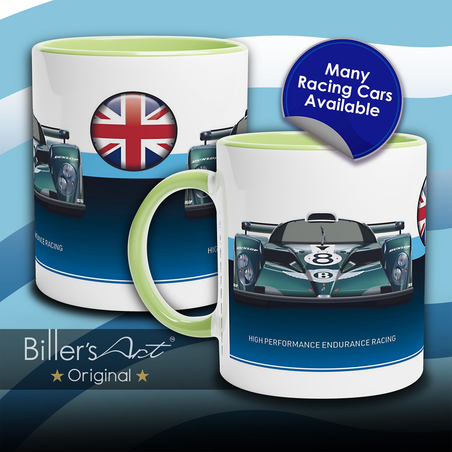 Bentley Speed 8 Mug - Endurance Racing Car Mug on a Union Flag background