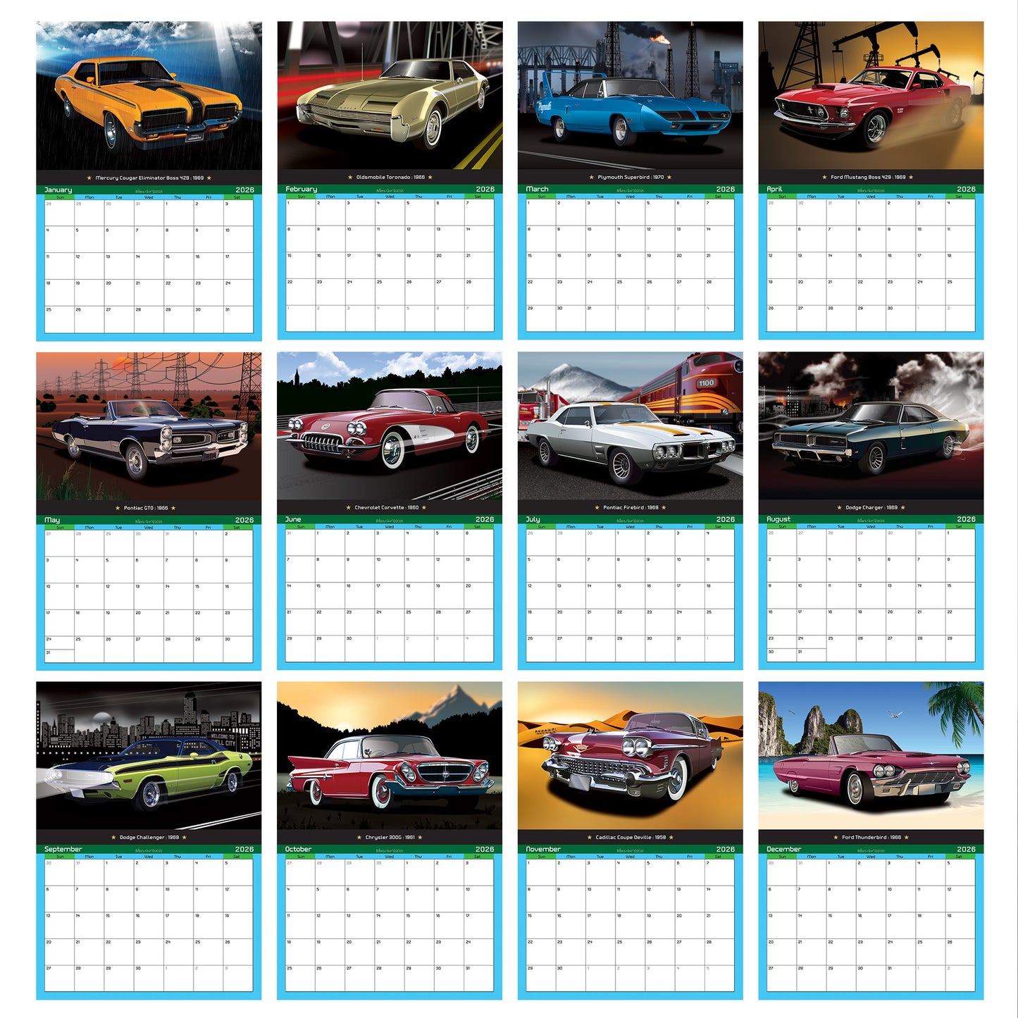American Muscle Car 2026 Calendar on Scenic Backgrounds