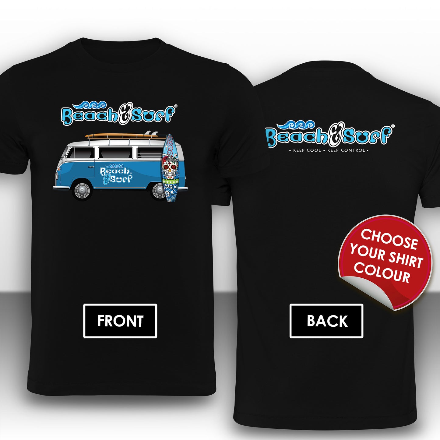 Camper Van in Blue Logo T-Shirt - BEACH & SURF Leisure Wear