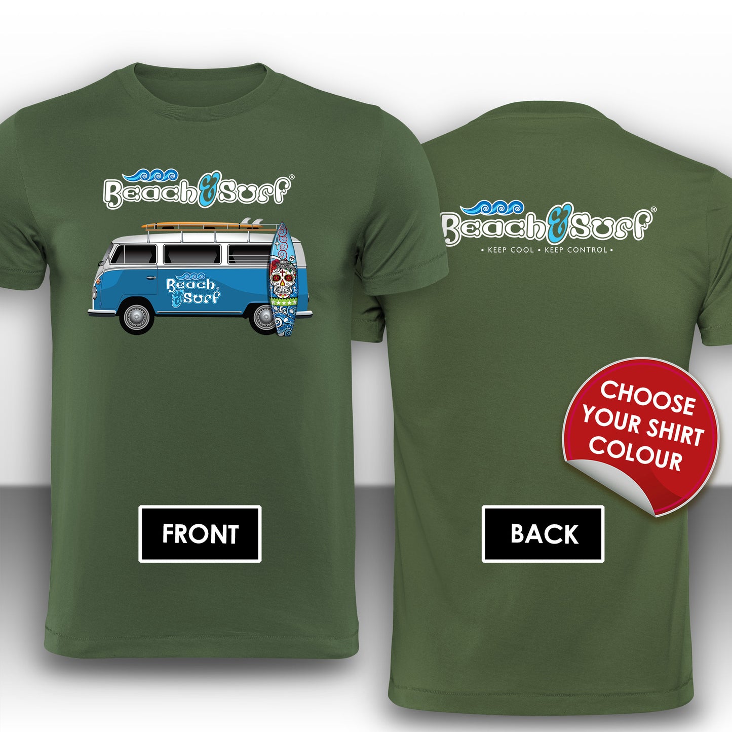 Camper Van in Blue Logo T-Shirt - BEACH & SURF Leisure Wear