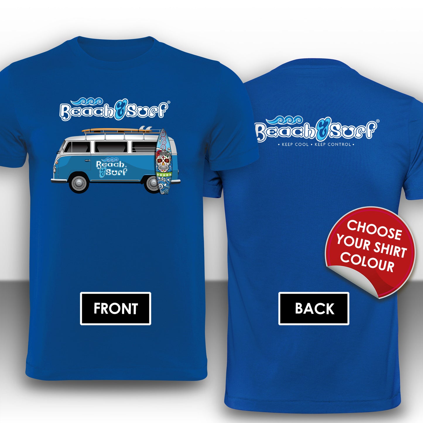 Camper Van in Blue Logo T-Shirt - BEACH & SURF Leisure Wear