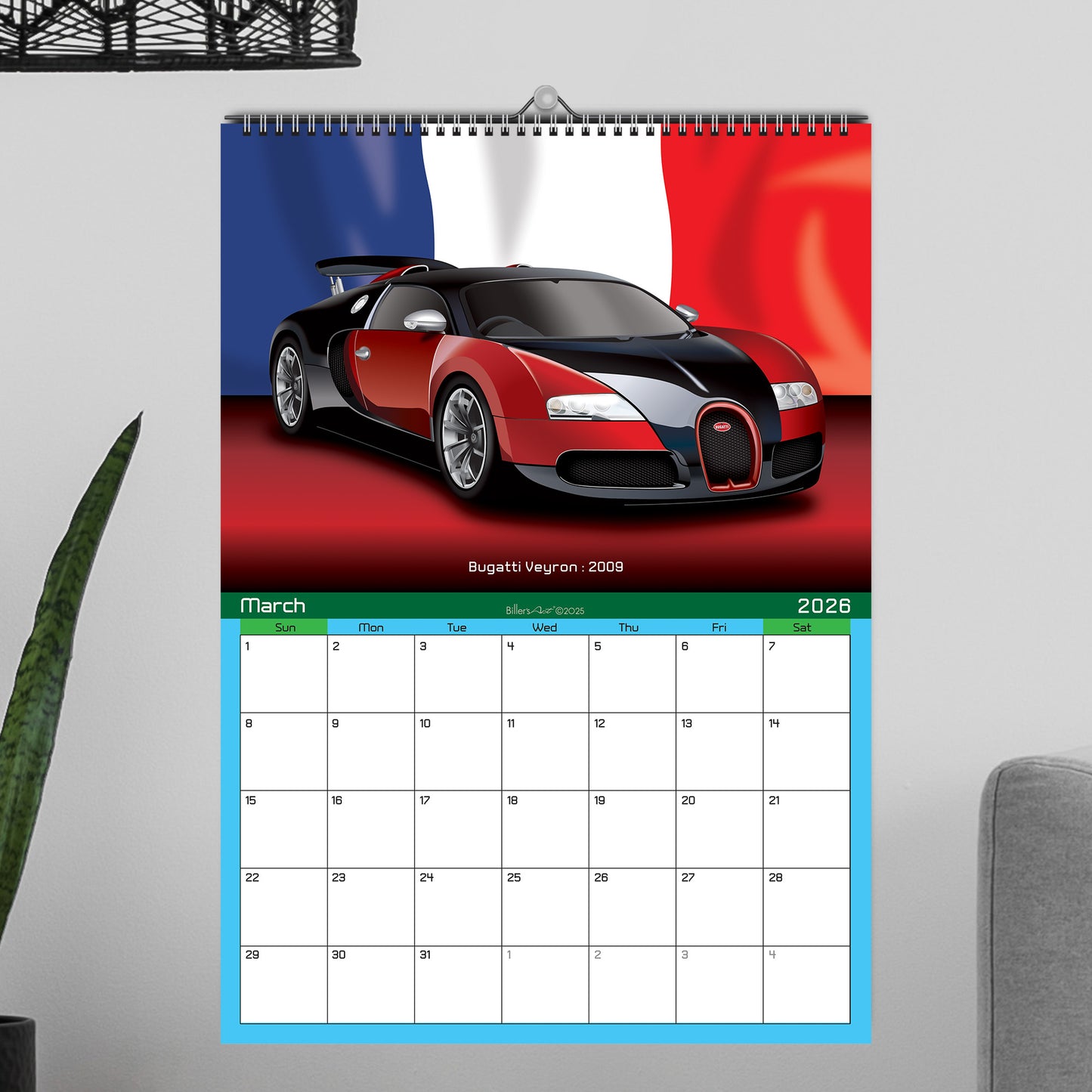Classic Car 2026 Wall Calendar on Country Flag Backgrounds