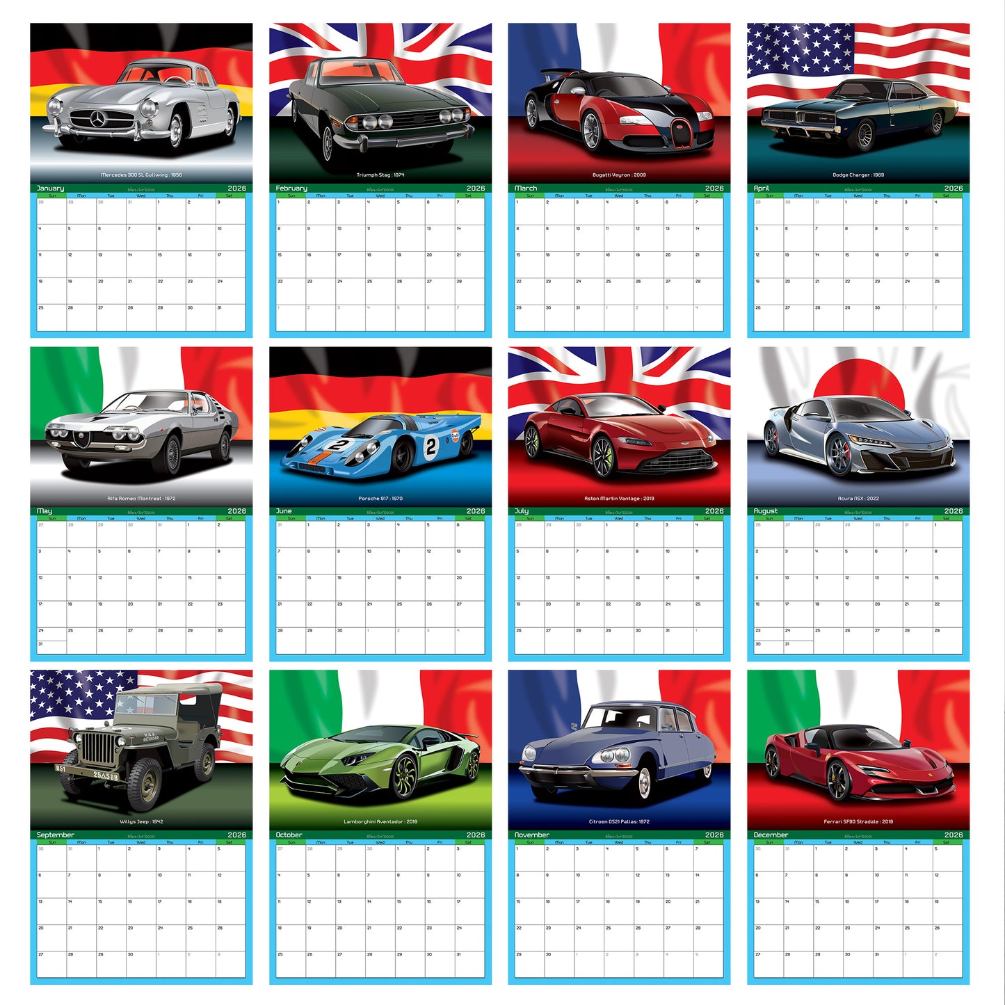 Classic Car 2026 Wall Calendar on Country Flag Backgrounds