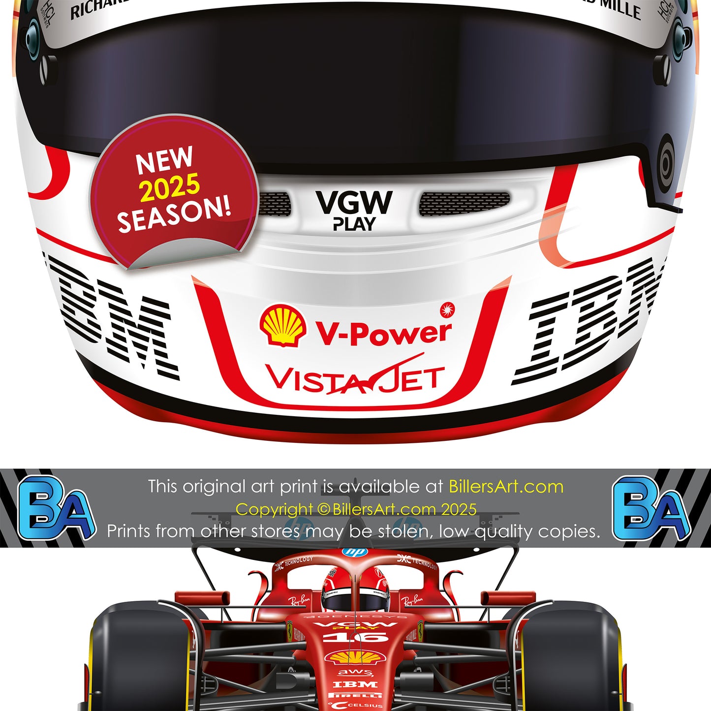 Charles Leclerc Formula 1 Racing Helmet 2025 Ferrari Print