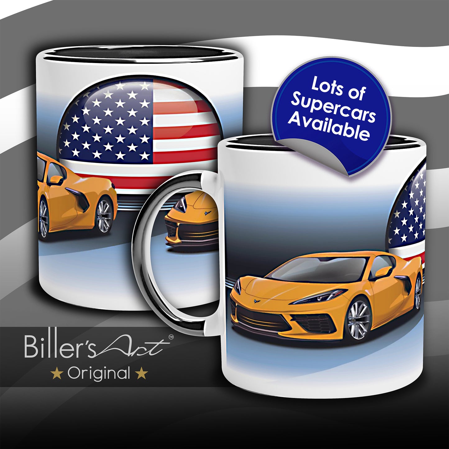 Chevrolet Corvette Supercar High Quality Colourful Mug with the US Stars and Stripes Flag