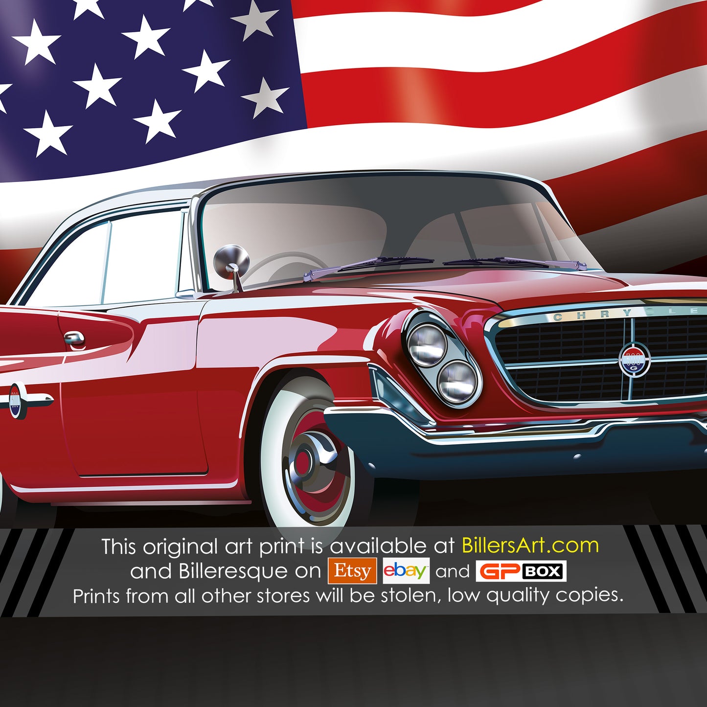 Chrysler 300G 1961 US Muscle Car High Quality Colourful Illustration Poster