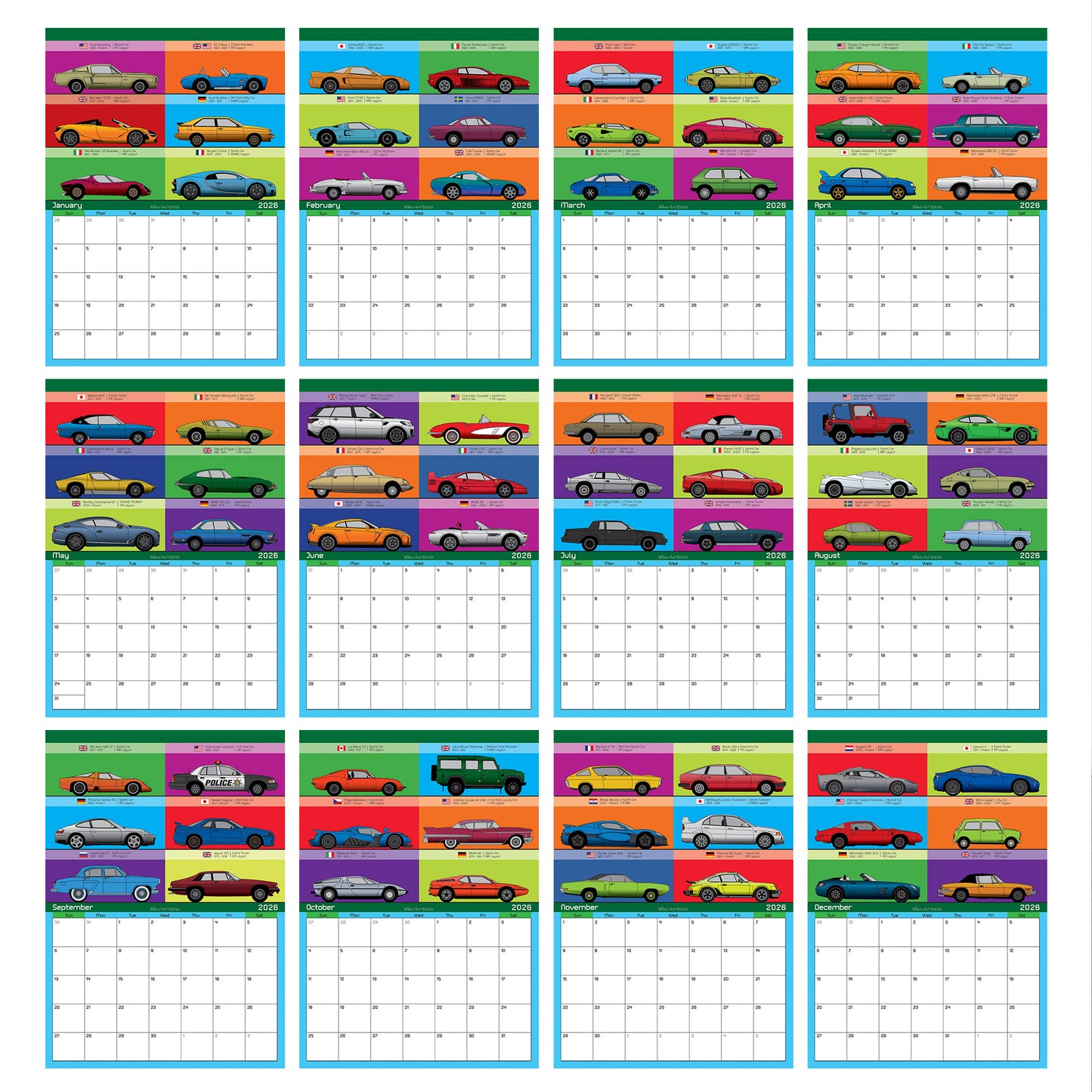 2026 Car lovers Iconic Classic World Car Calendar