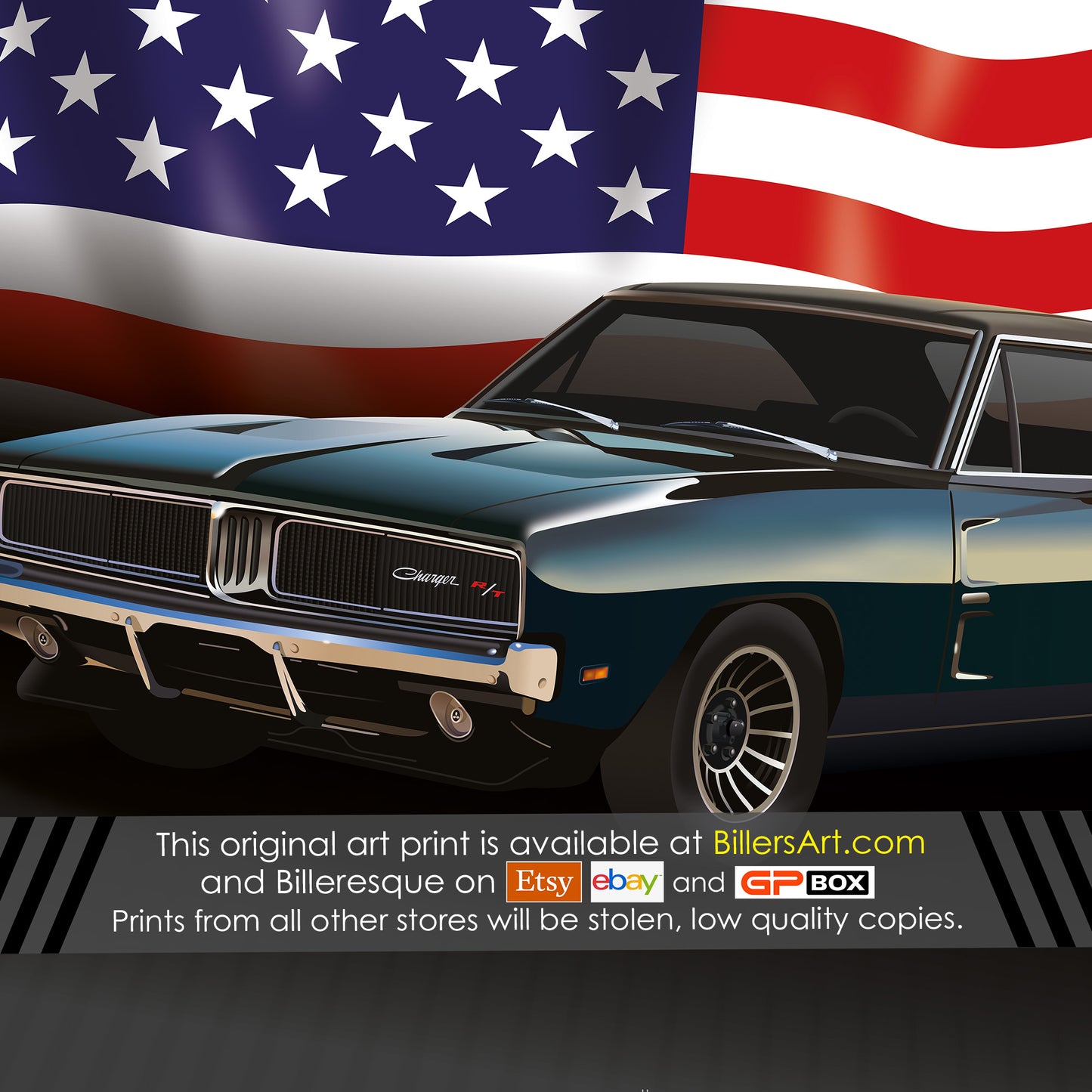 Dodge Charger 1960's US Muscle Car High Quality Colourful Illustration Poster