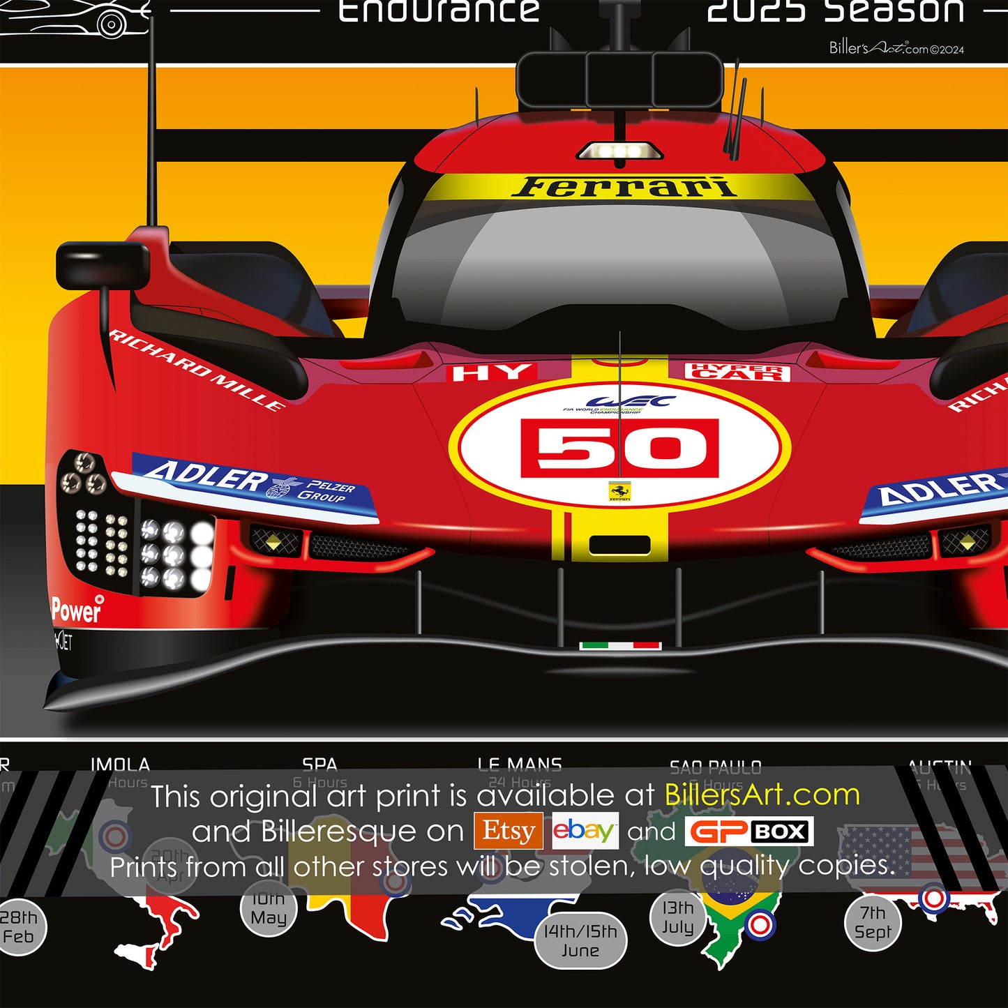 WEC Ferrari 499P World Endurance Racing 2025 Season Dates Wall Calendar print