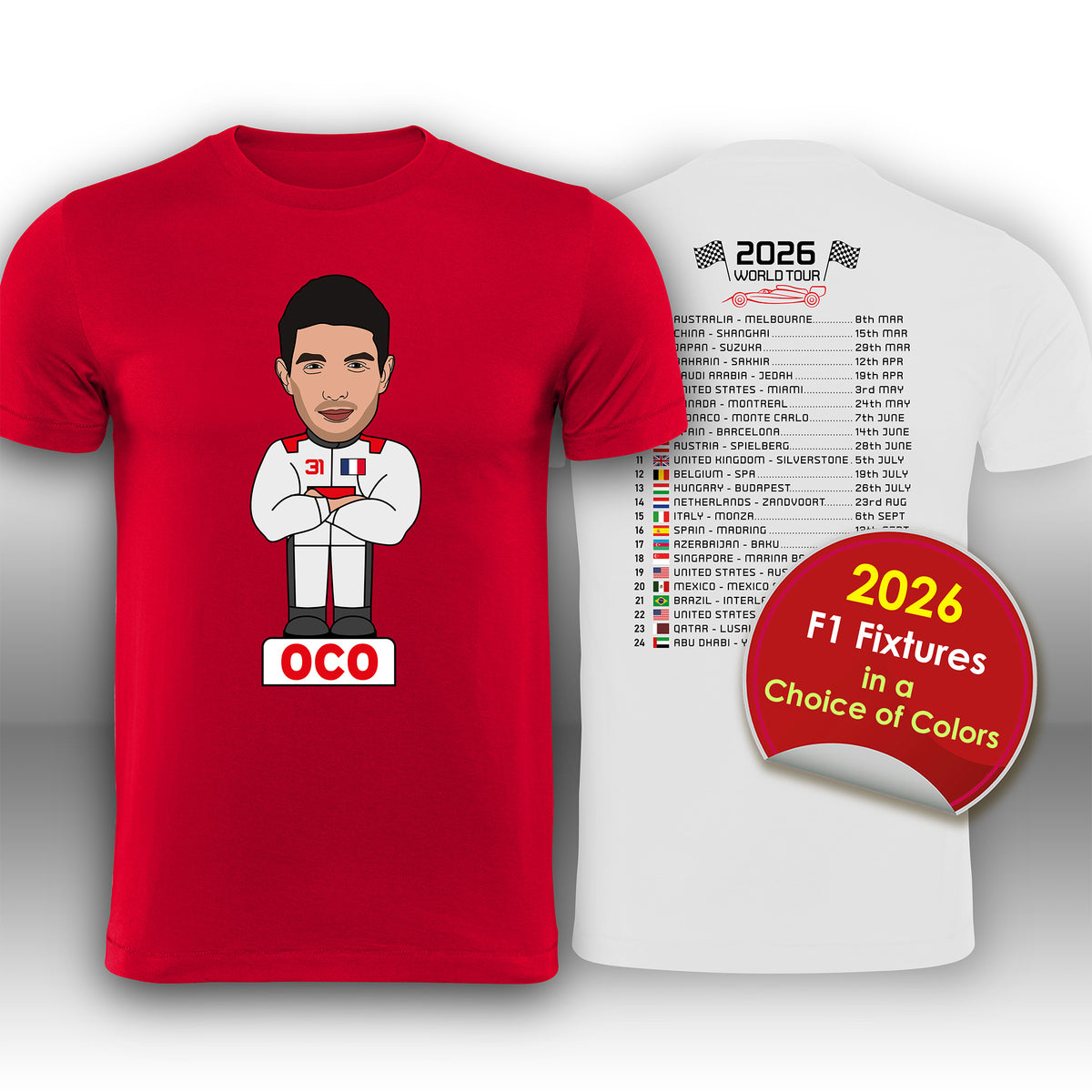 Esteban Ocon 2026 Cartoon Calendar Formula 1 F1 T-Shirt