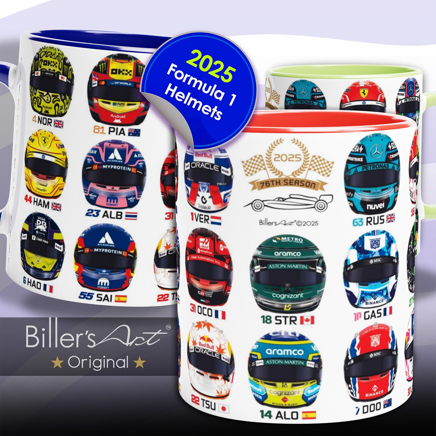 Formula 1 2025 All Driver Helmets Mug. All helmets featured