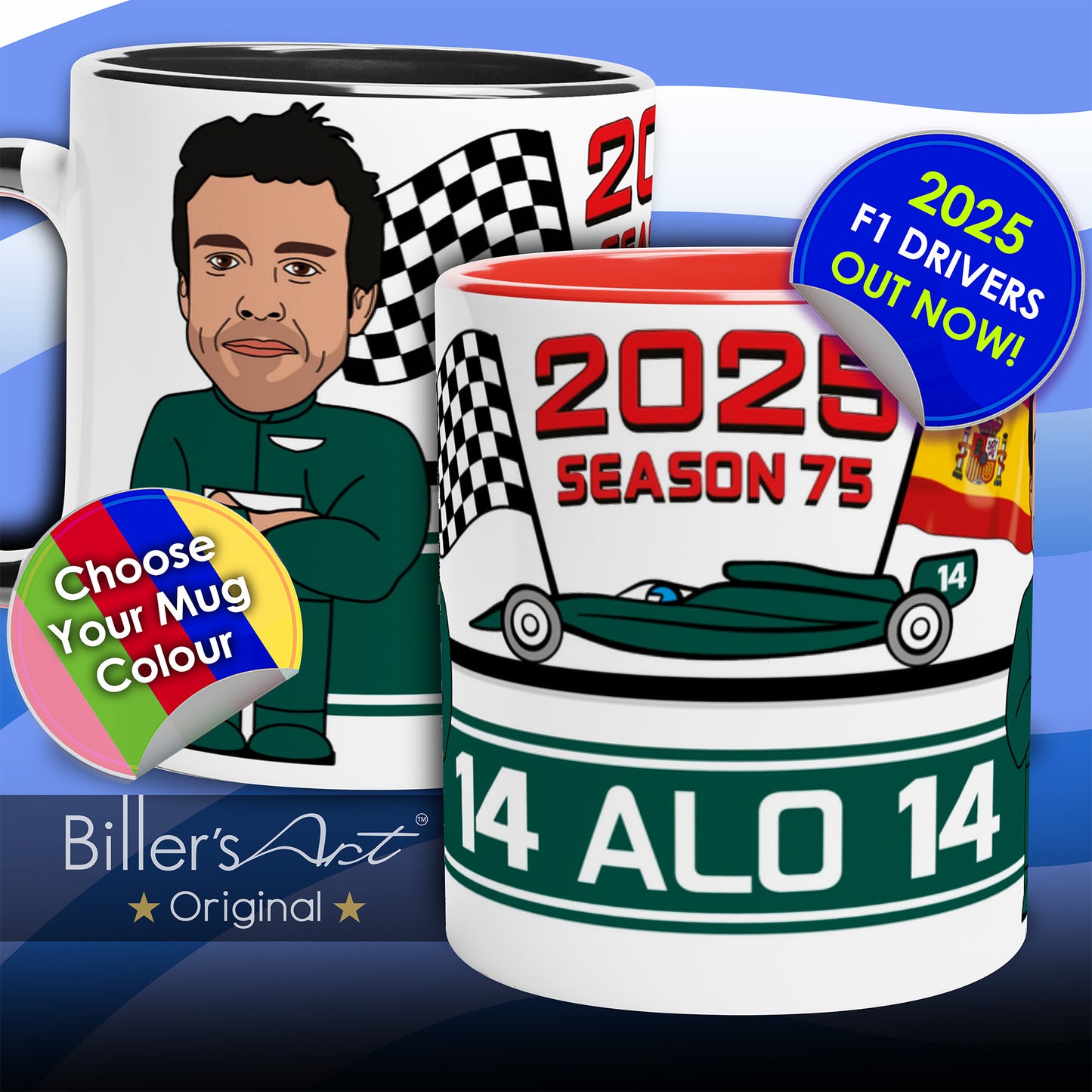 Formula 1 Mug Caricature of the 2025 Aston Martin Driver Fernando Alonso
