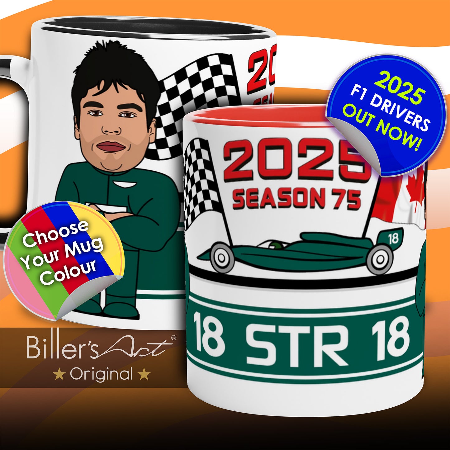 Formula 1 Mug Caricature of the 2025 Aston Martin Driver Lance Stroll