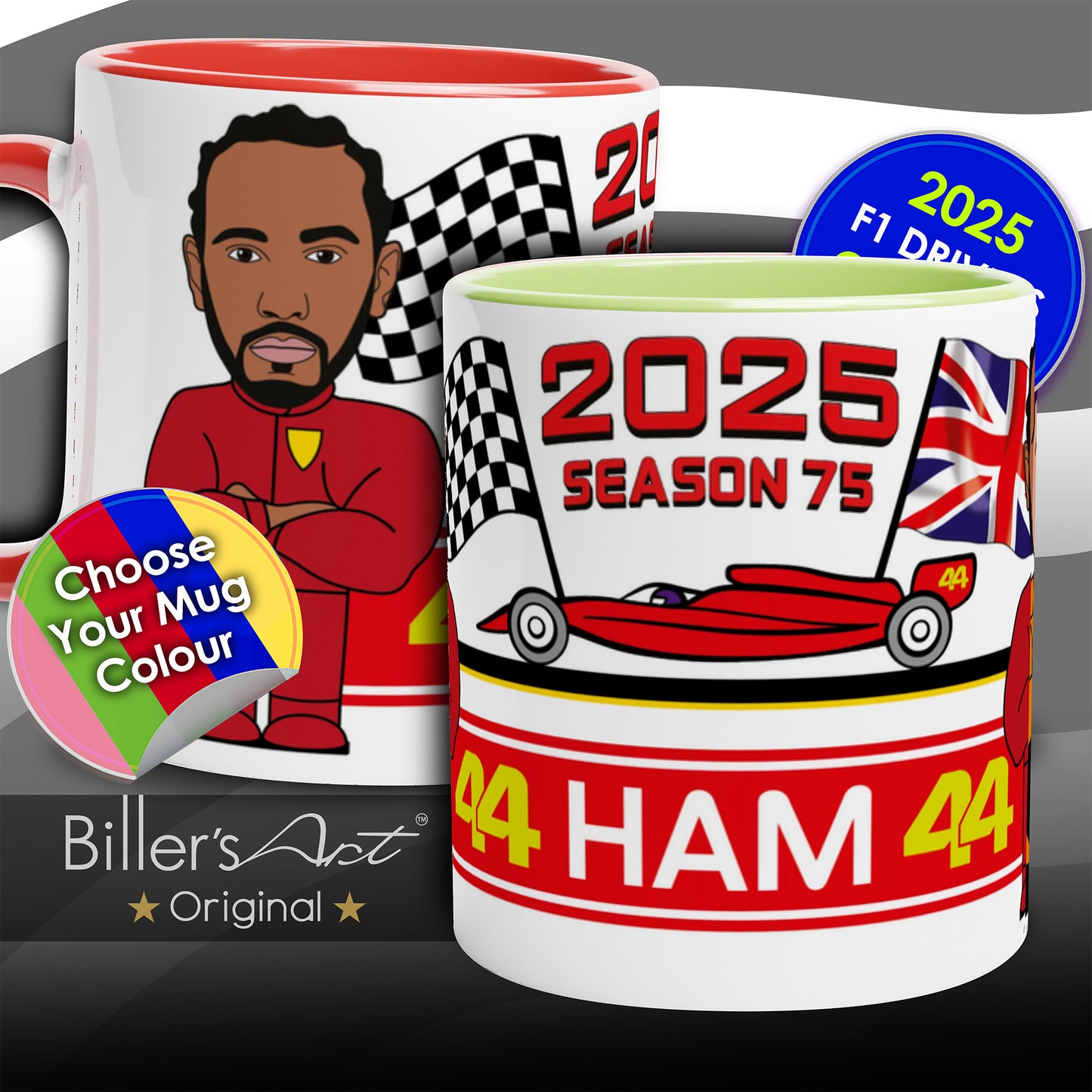 Formula 1 Mug Caricature of the 2025 Ferrari Driver Lewis Hamilton