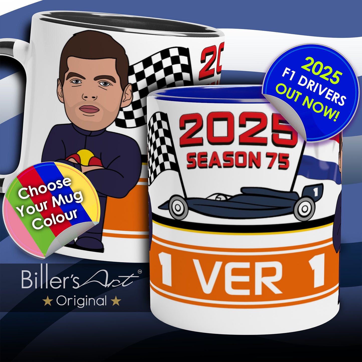 Formula 1 Mug Caricature of the 2025 Red Bull Driver Max Verstappen