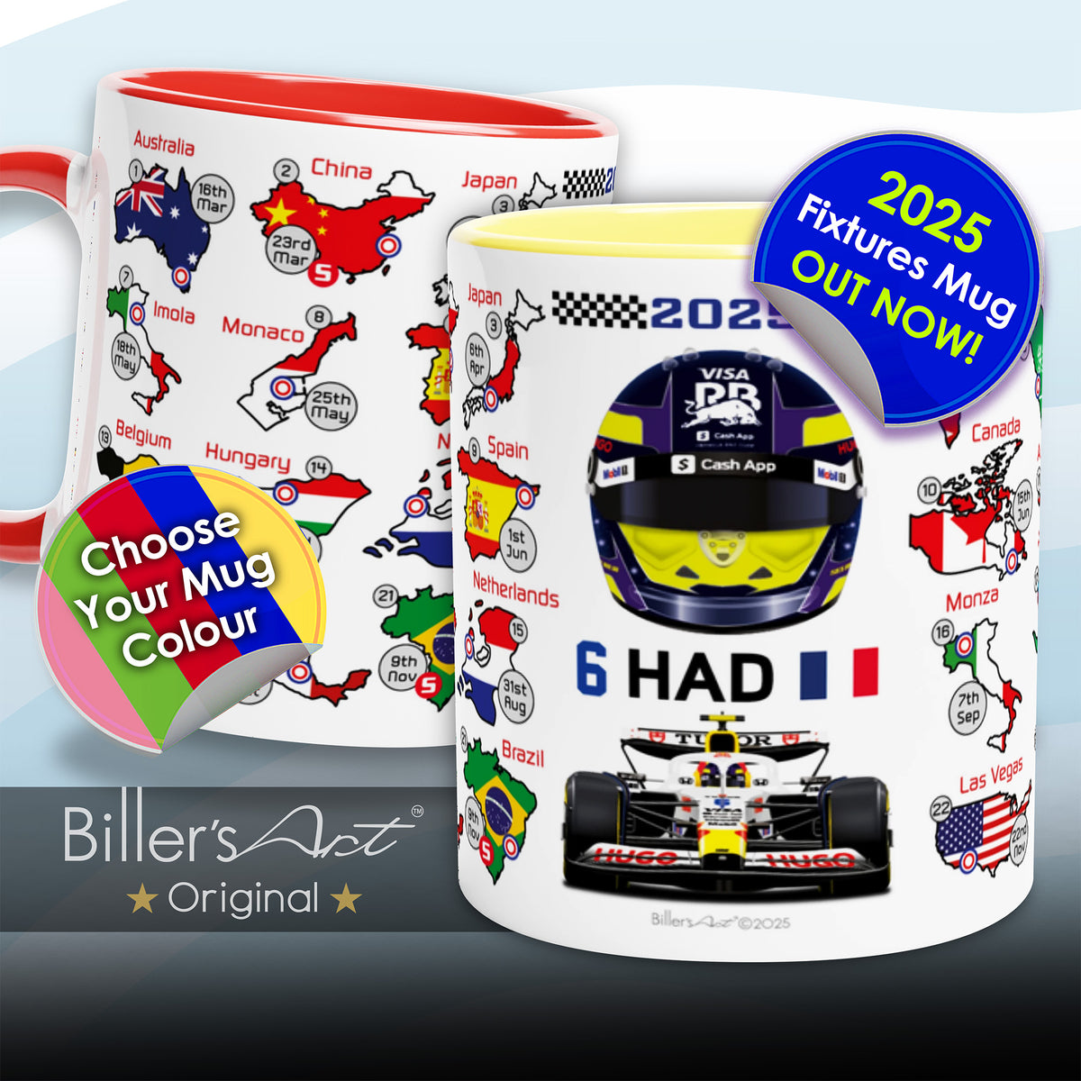 Ceramic mug with colorful graphics including a racing car, helmet, and Formula 1 race fixtures, with text indicating the 2026 Fixtures Mug and an option to choose the mug color.