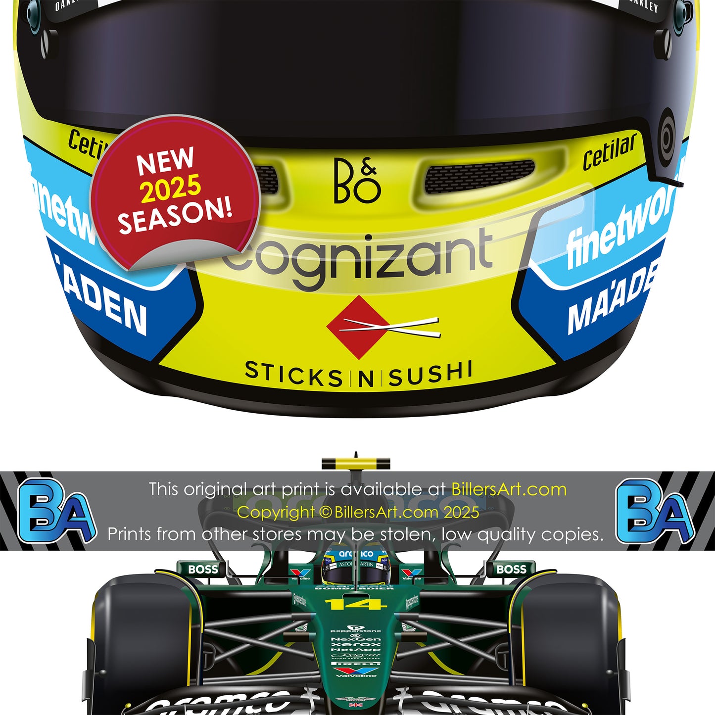 Fernando Alonso Formula 1 Racing Helmet 2025 Aston Martin Print