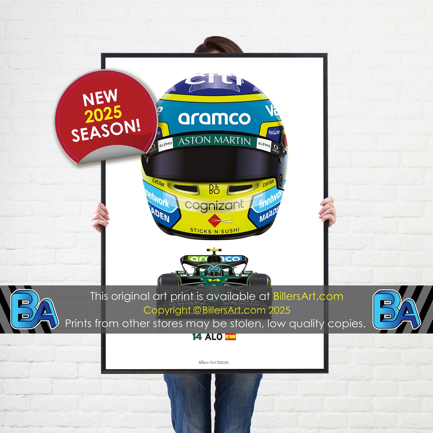 Fernando Alonso Formula 1 Racing Helmet 2025 Aston Martin Print