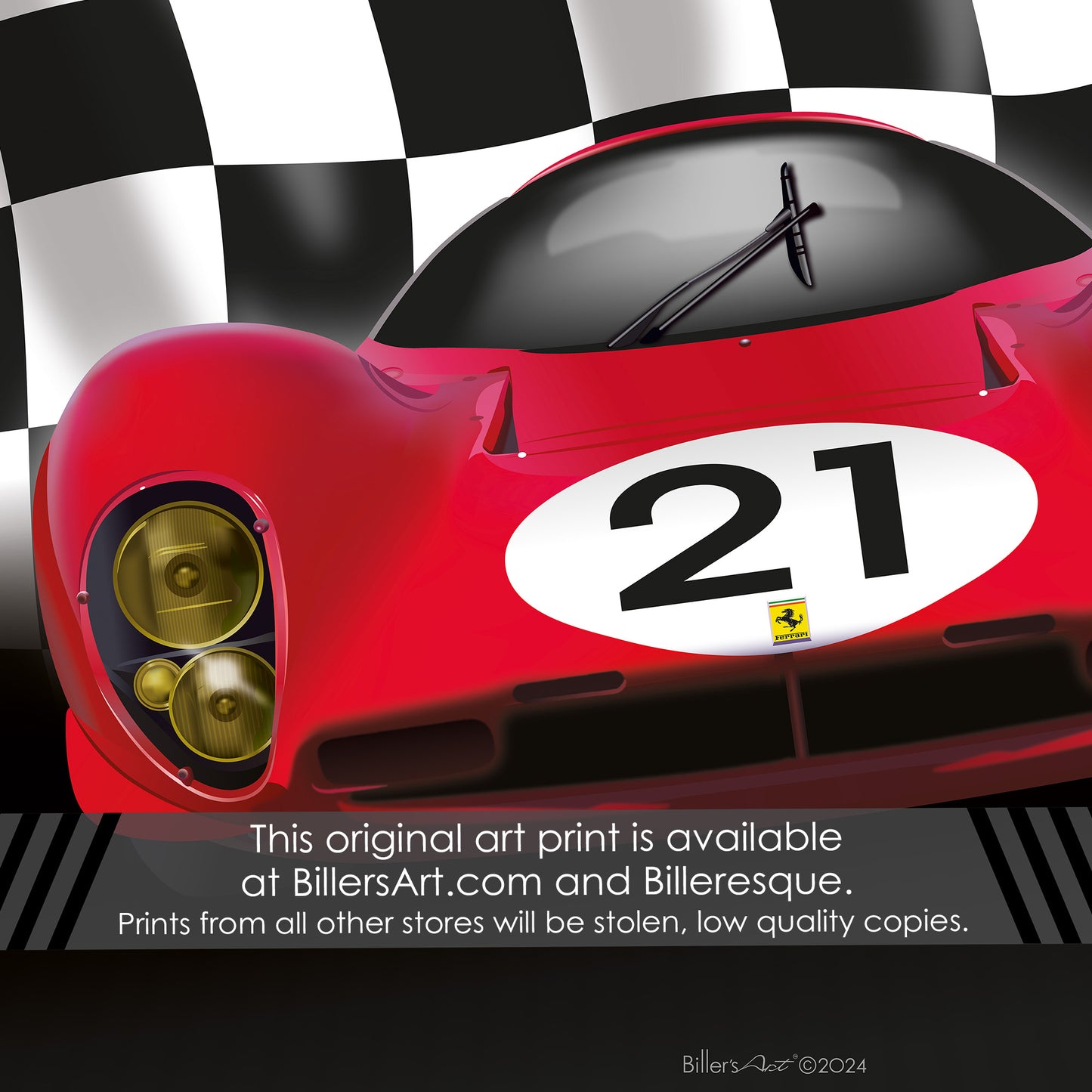 Ferrari 330 P4 - Le Mans Racing Car poster on a Chequered Flag background