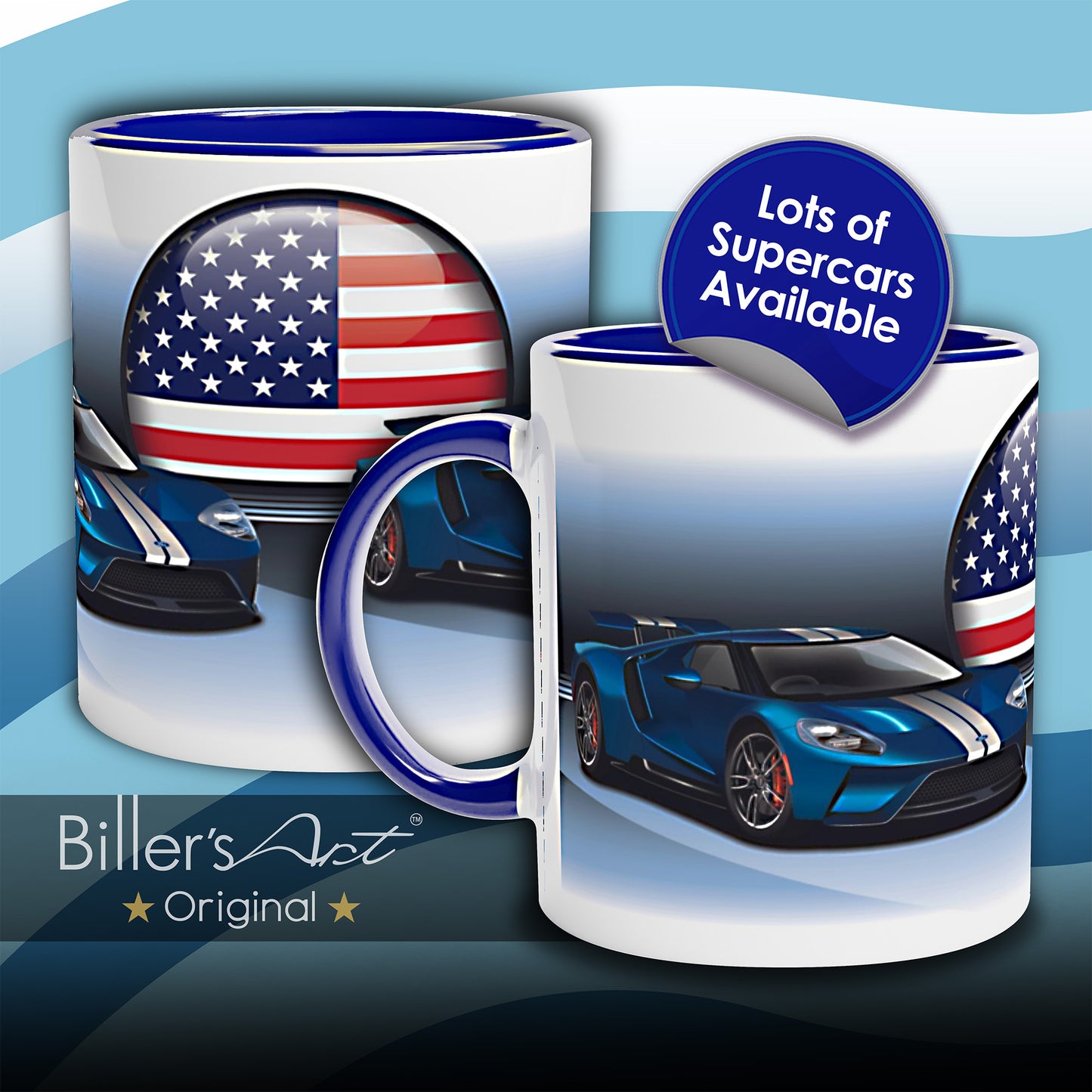 Ford GT Supercar High Quality Colourful Mug with the US Stars and Stripes Flag