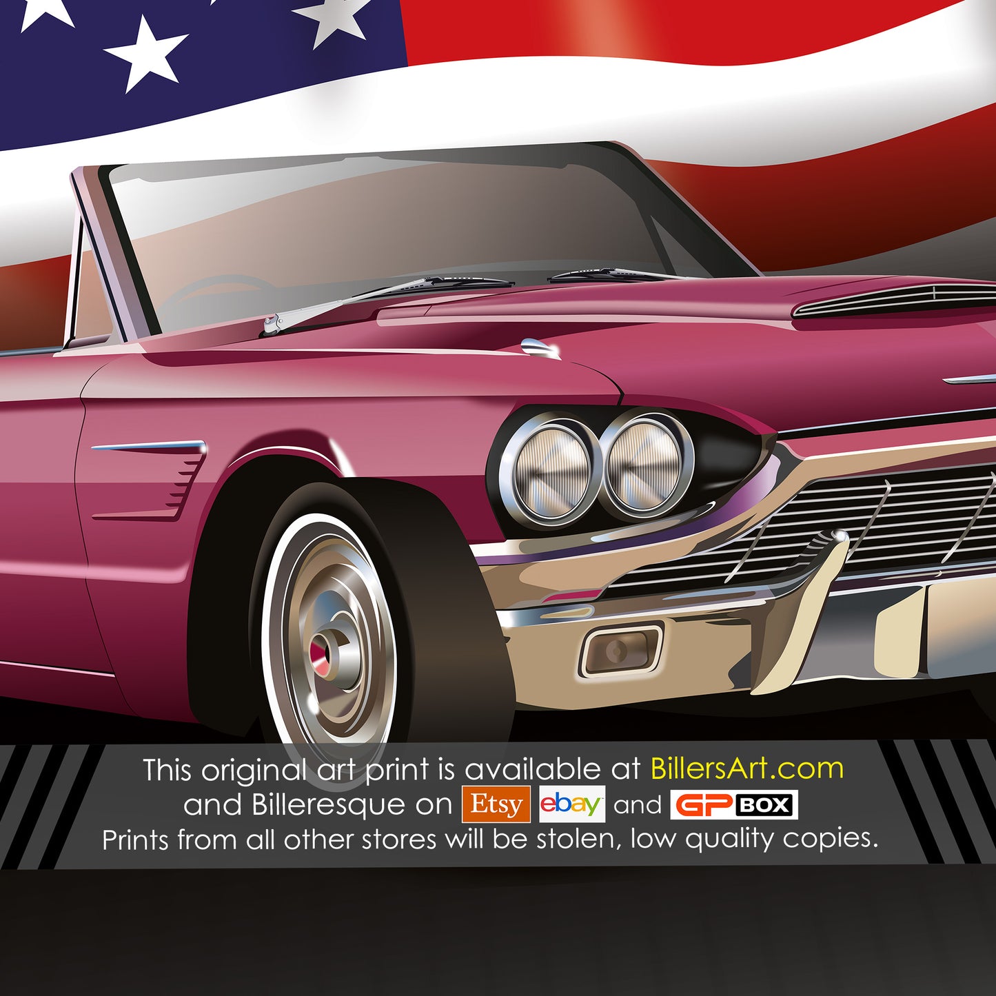 Ford Thunderbird US Muscle Car High Quality Colourful Illustration Poster