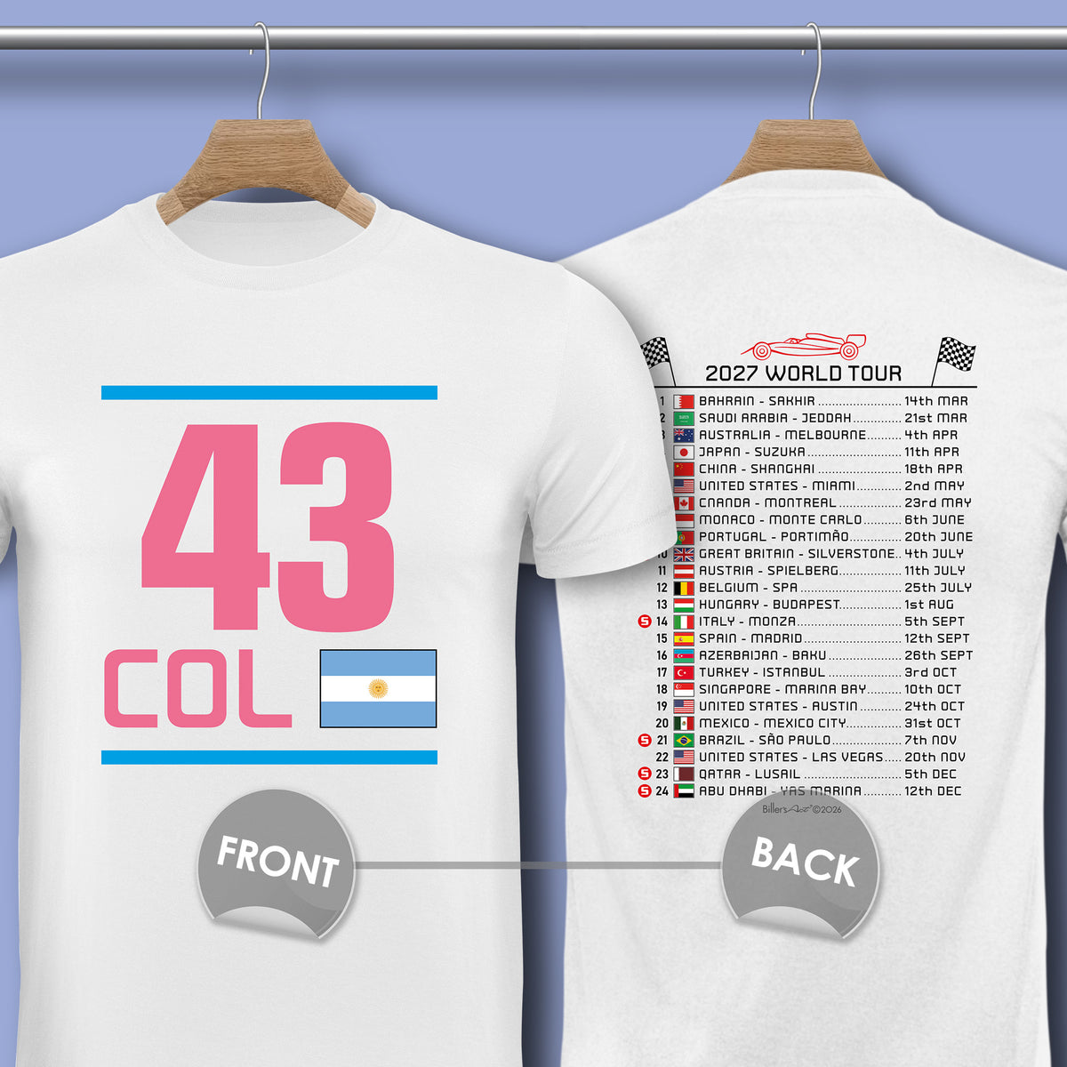 Franco Colapinto 2027 Race Calendar Formula 1 F1 T-Shirt