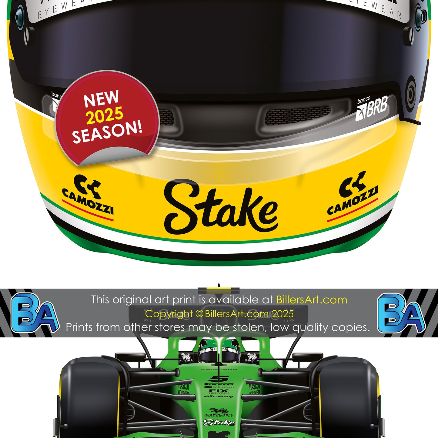 Gabriel Bortoleto Formula 1 Racing Helmet 2025 Kick Sauber Print
