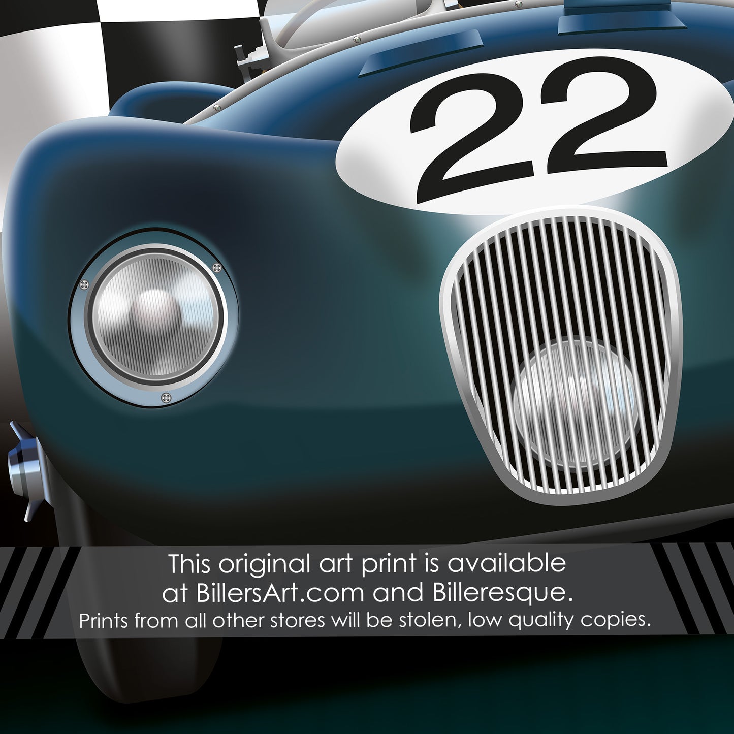 Jaguar C-Type - Le Mans Racing Car poster on a Chequered Flag background