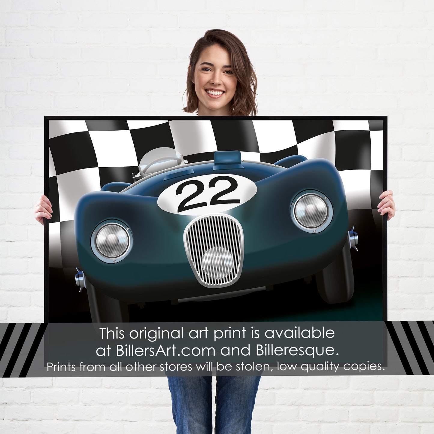 Jaguar C-Type - Le Mans Racing Car poster on a Chequered Flag background