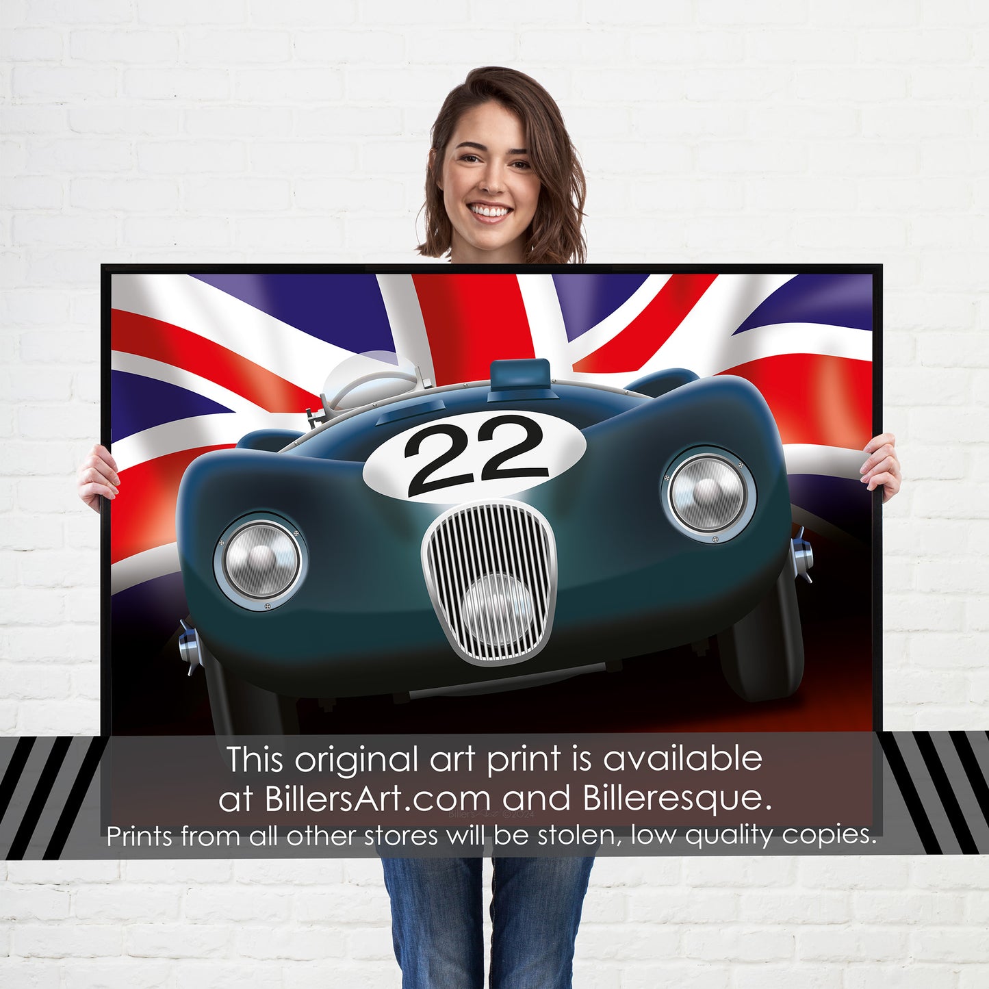 Jaguar C-Type - Le Mans Racing Car poster on a Union Flag background