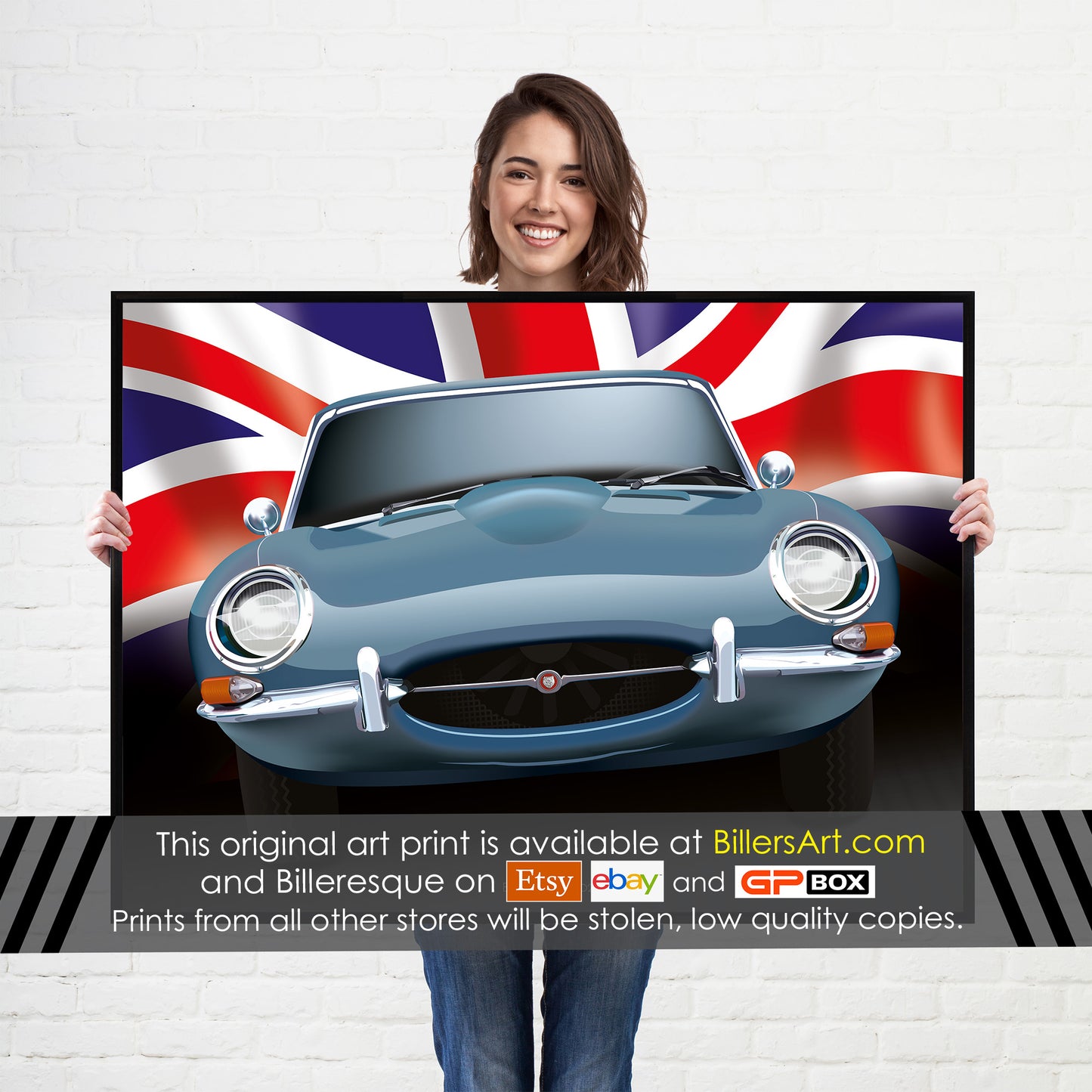 Jaguar E-Type Classic Car High Quality Colourful Illustration Poster