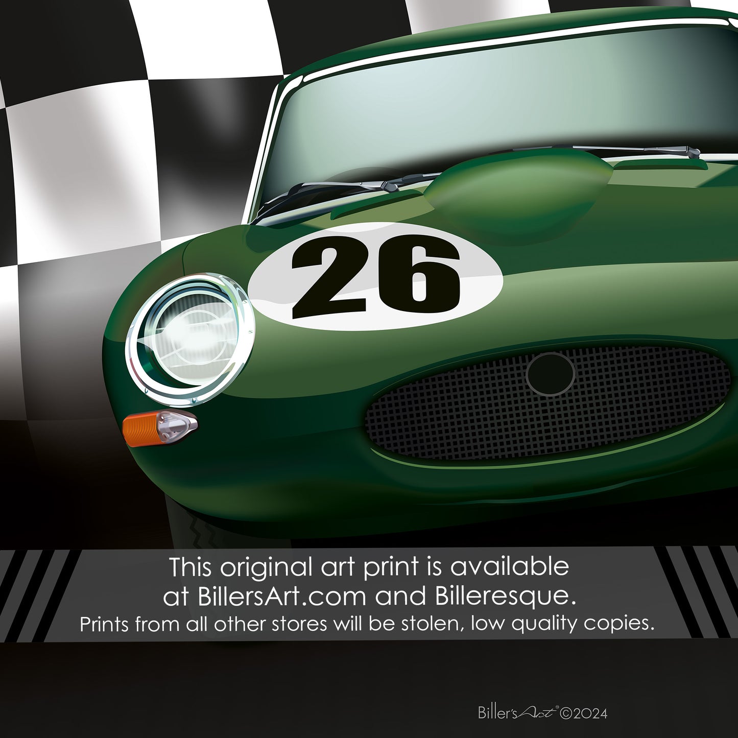 Jaguar E-Type - Le Mans Racing Car poster on a Chequered Flag background