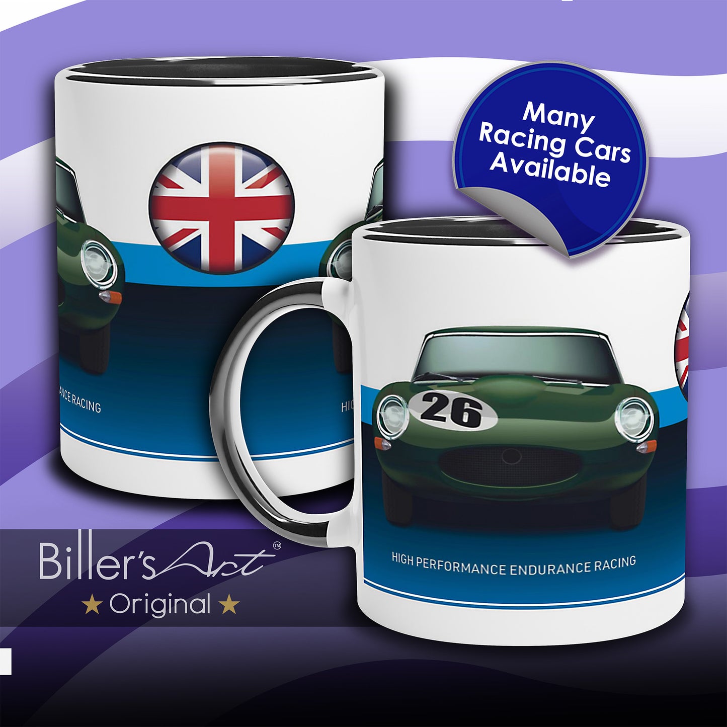 Jaguar E-Type Mug - Endurance Racing Car Mug on a Union Flag background
