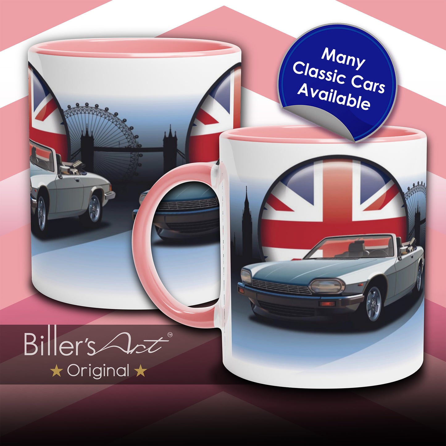 Jaguar XJS Classic Car High Quality Colourful Illustration Mug on a London Background