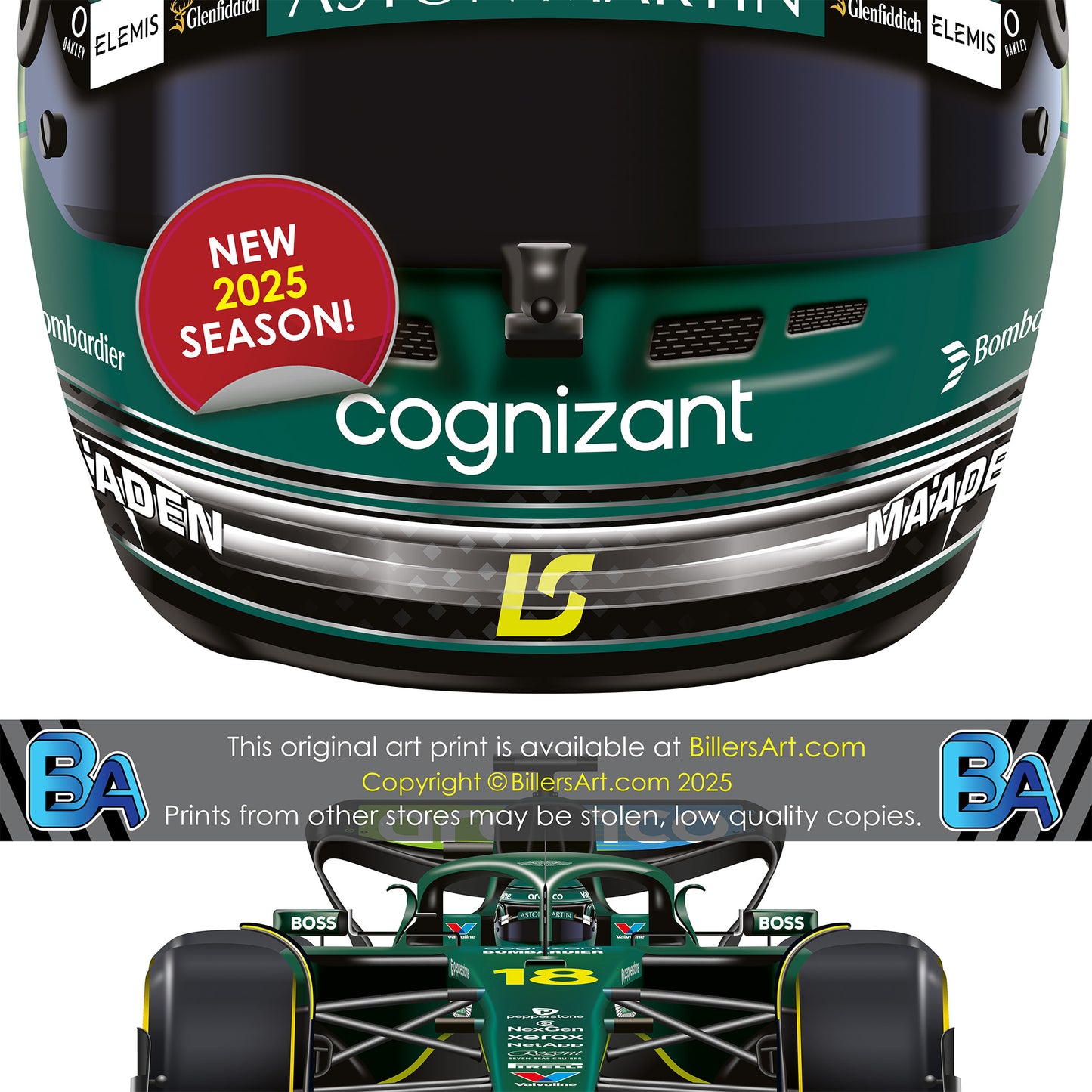 Lance Stroll Formula 1 Racing Helmet 2025 Aston Martin Print