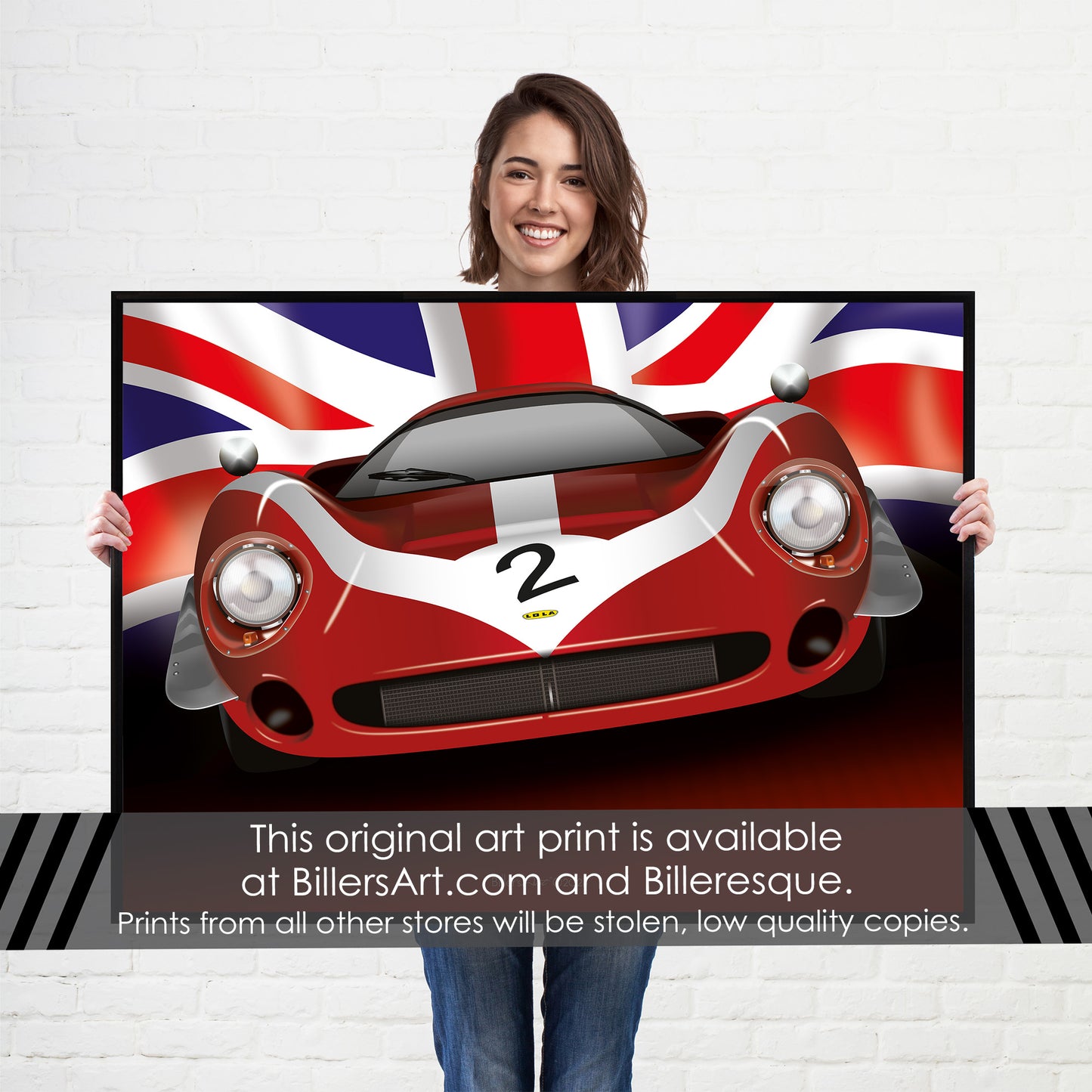 Lola T70 - Le Mans Racing Car poster on a Union Flag background