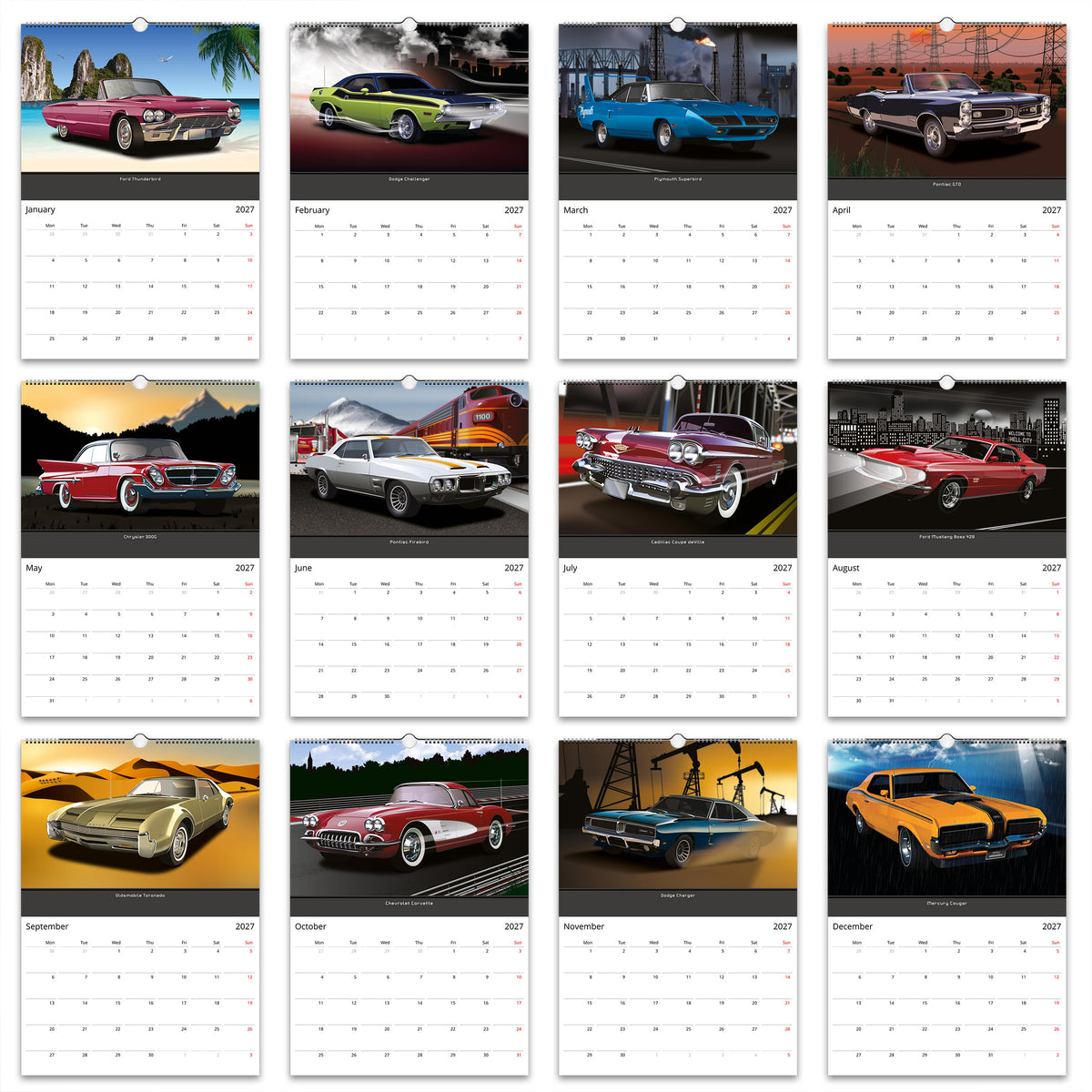 2027 US Muscle Car Quality Christmas Calendar on Scenic Backgrounds