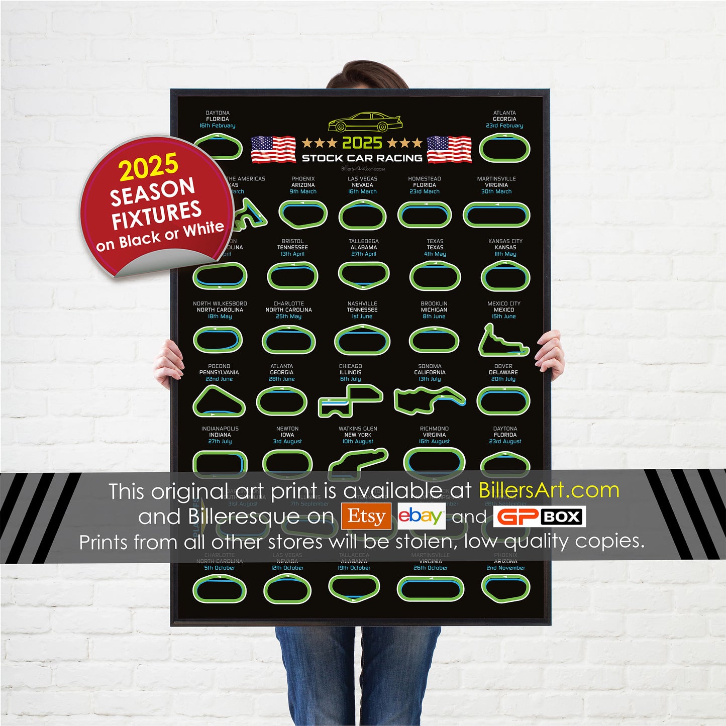 NASCAR 2025 Detailed Season Fixtures Portrait Wall Calendar Track Layouts