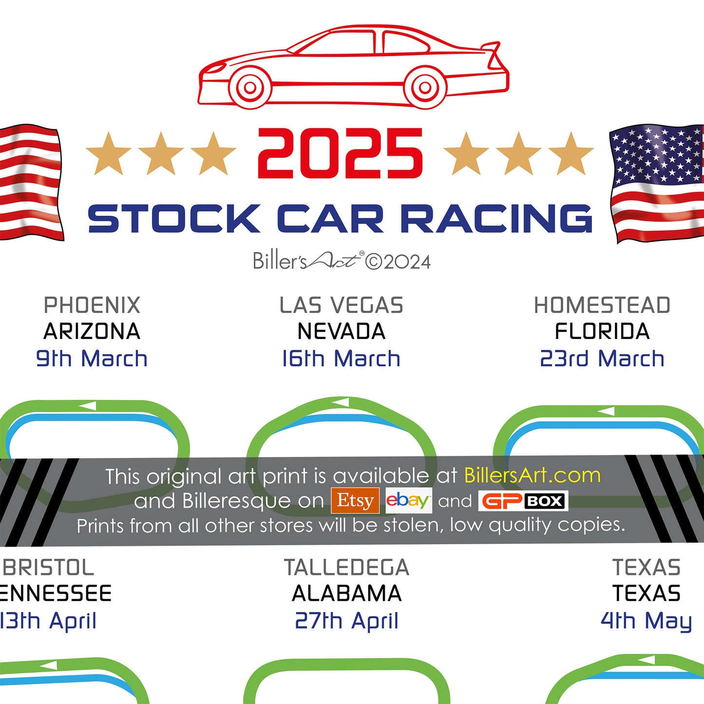 NASCAR 2025 Detailed Season Fixtures Portrait Wall Calendar Track Layouts